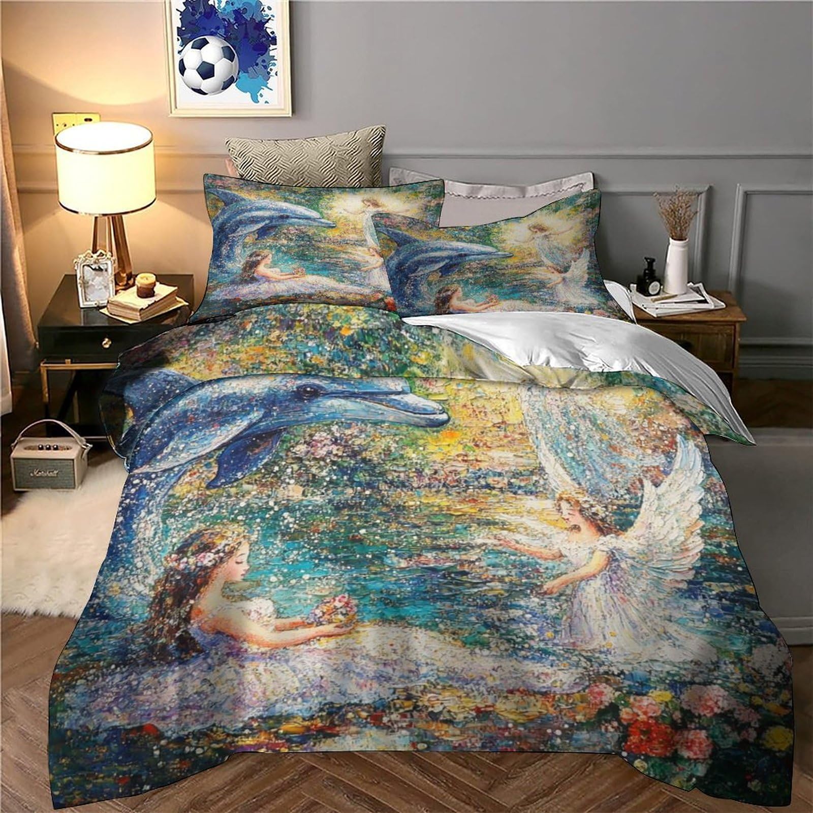 Fantasia di delfini Impressione 3D 3 pz fodera per edredone scena d'acqua angelica coperteletto microfibra zip antiacari per ragazze adolescenti adulti King（220x240cm）