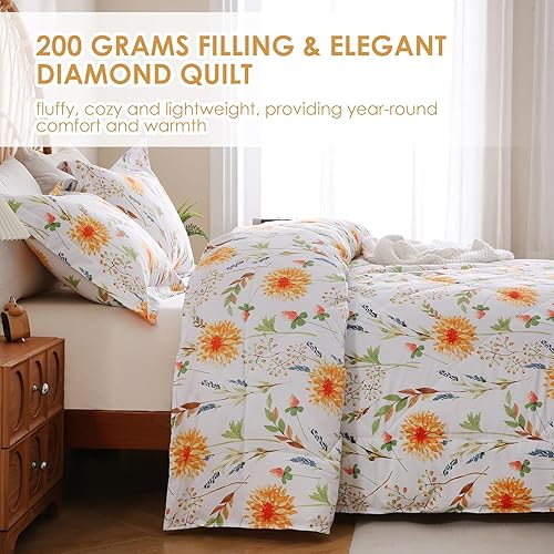 Miniatura 4 de JSD Juego de edredón de 3 piezas con estampado floral amarillo, tamaño King, edredón ligero de microfibra botánica para todas las estaciones con