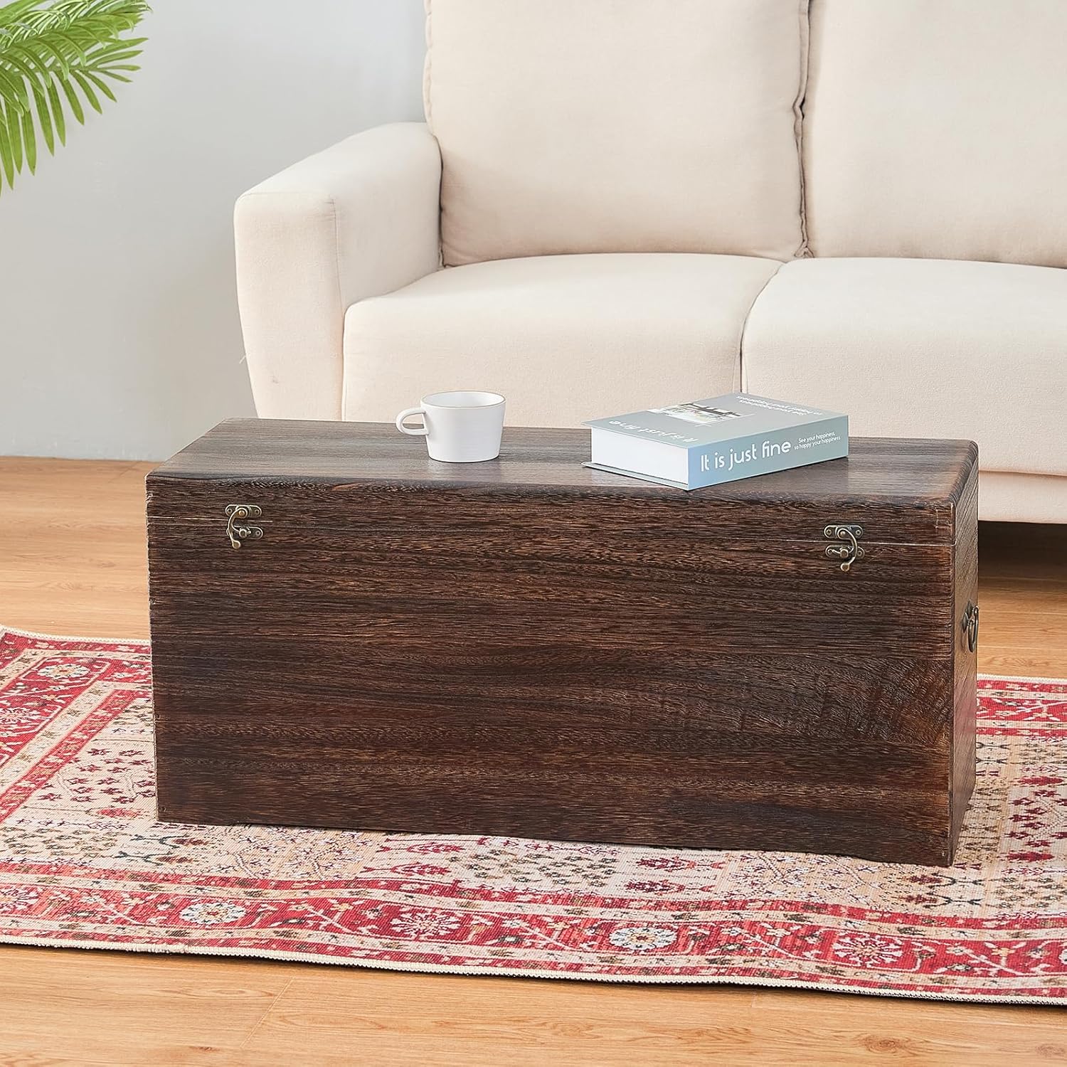 Wooden Storage Chest Rustic Trunk,Dark Brown Vintage Home Decor - Large Blanket Storage Box for Living Room, Bedroom, Entryway (31.5" L x 11.8" W)