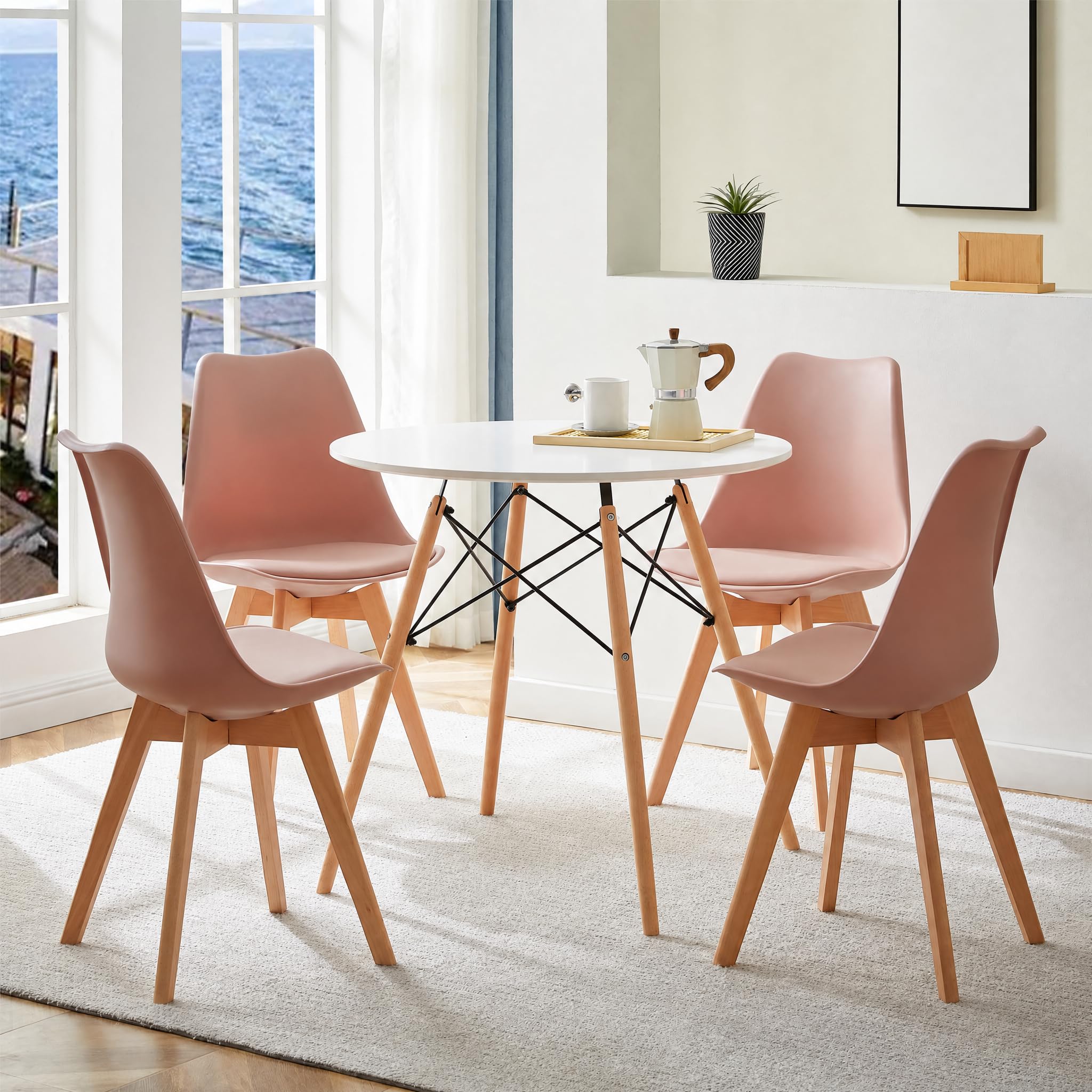 FURNITABLE Runder Esstisch mit 4 Rosa Esszimmerstühle Skandinavisches Design mit Füßen aus Holz und Metallrahmen für Küche Wohnzimmer Lounge Küche, Haushalt & Wohnen