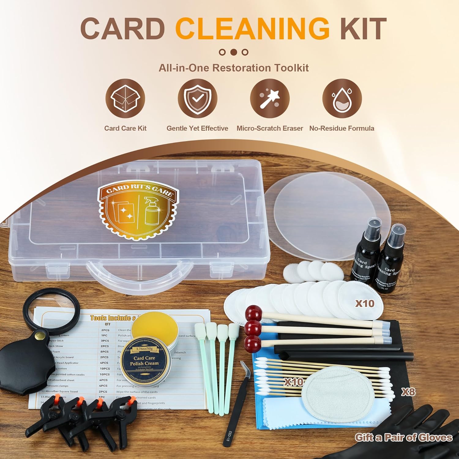 Card Care Clean Kit, 17-in-1 Card Cleaning and Polishing Restoration with Plastic Case, Trading Card Cleaning Box with Polishing Cream and Cleaning Spray, Suitable for PSA Rated Card Care