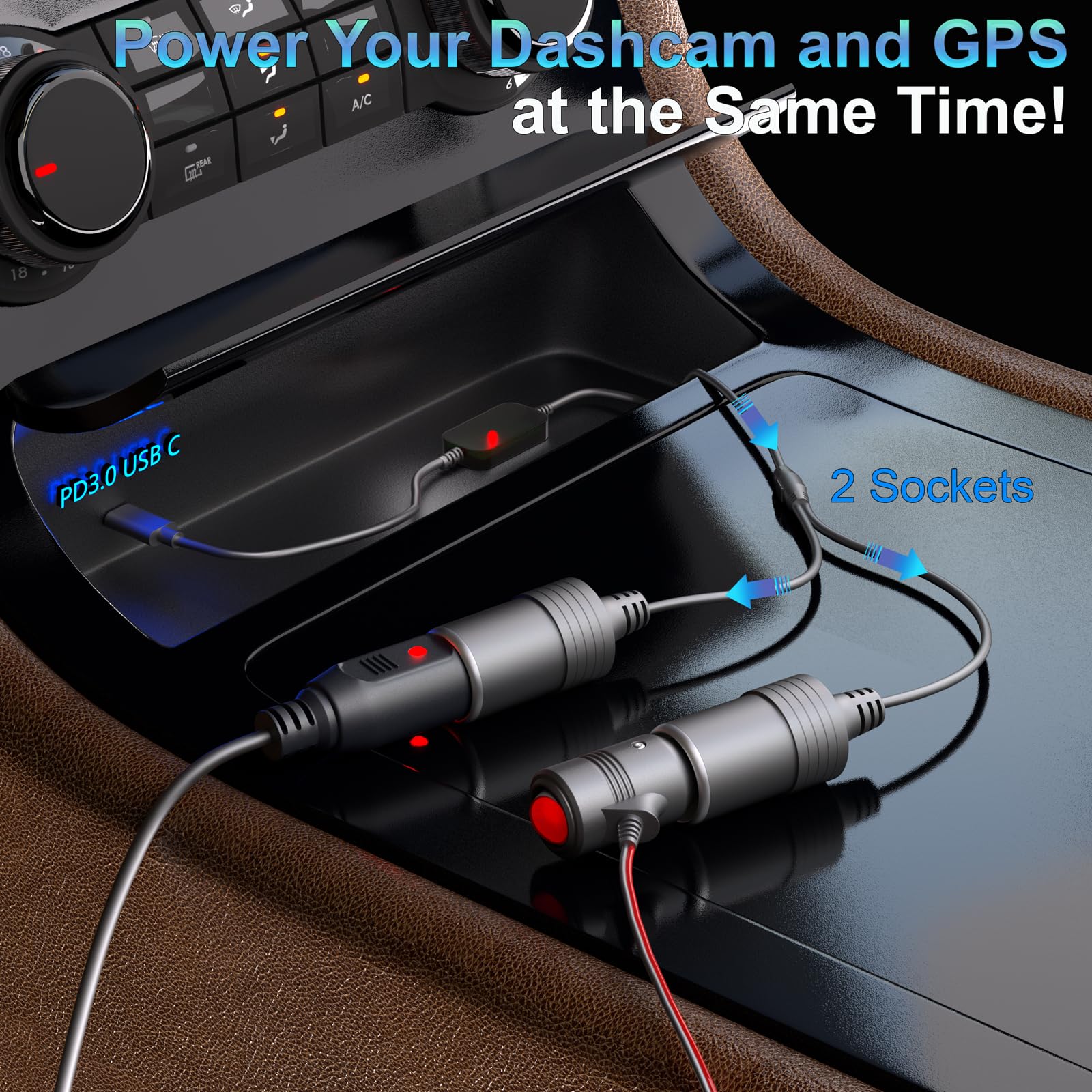 USB C to Cigarette Lighter Adapter 36W: PD3.0 2-Socket USB C to 12V Adapter 3A Type C Male to Cigarette Lighter Female Dual Socket for Dashcam Radar Fan Recorder GPS E Dog