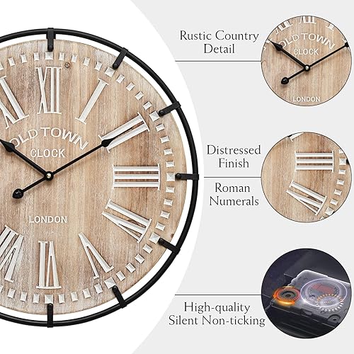 Miniatura 7 de Reloj de pared grande de 20 pulgadas, de madera rústica antigua con círculo de metal y números grabados grandes, reloj de pared silencioso a pilas