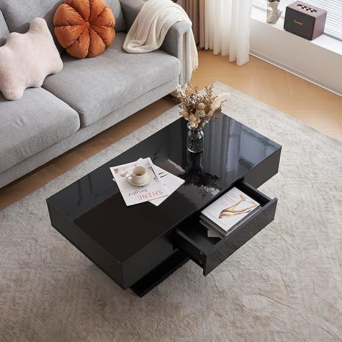 Miniatura 4 de Karl home Mesa de centro con luz LED, mesas de centro modernas de alto brillo con 1 cajón para sala de estar, mesa central de 43.3 pulgadas, mesa de