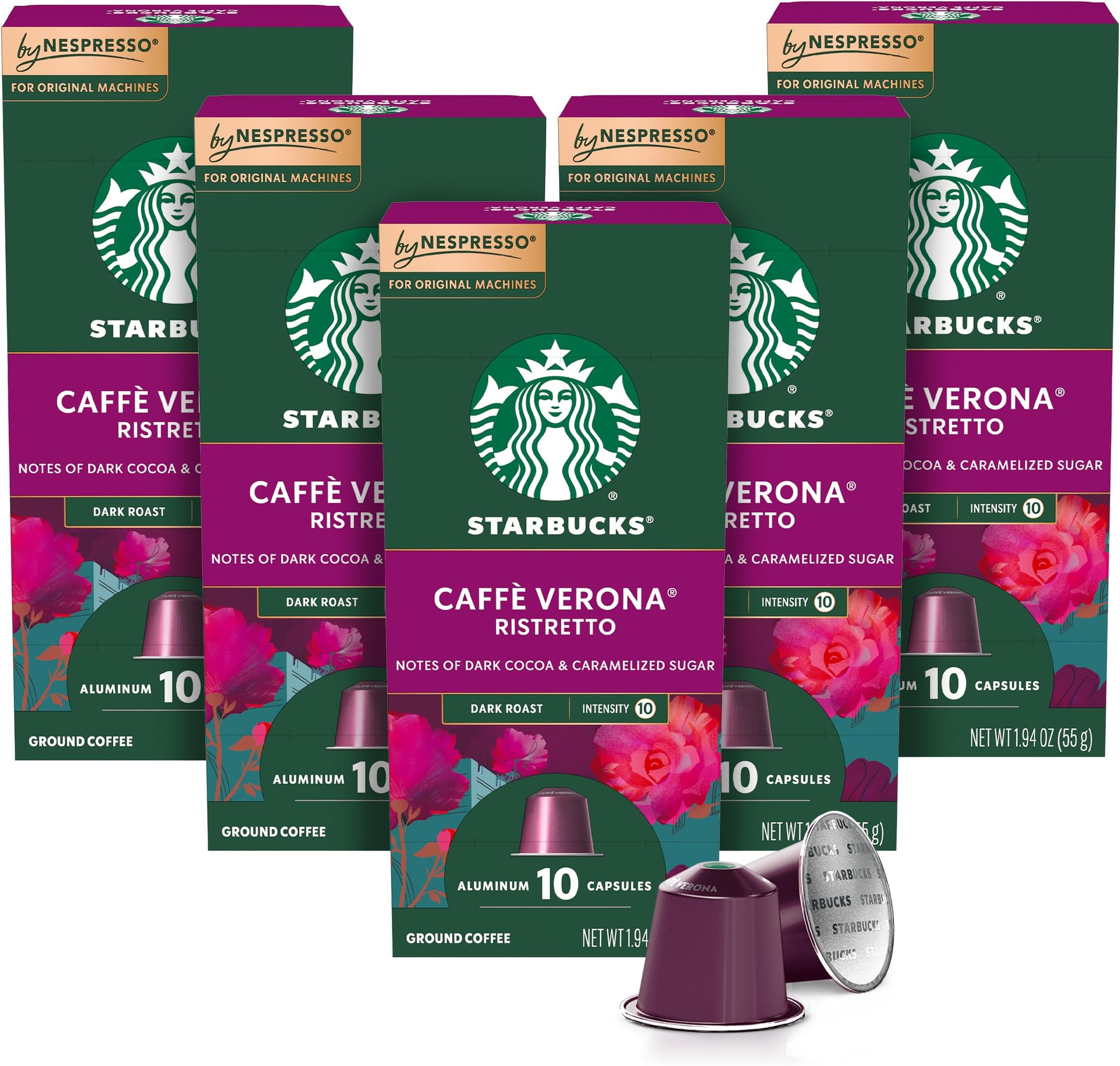 STARBUCKS By Nespresso, Caffè Verona (50-Count Single Serve Capsules, Compatible With Nespresso Original Line System), Box