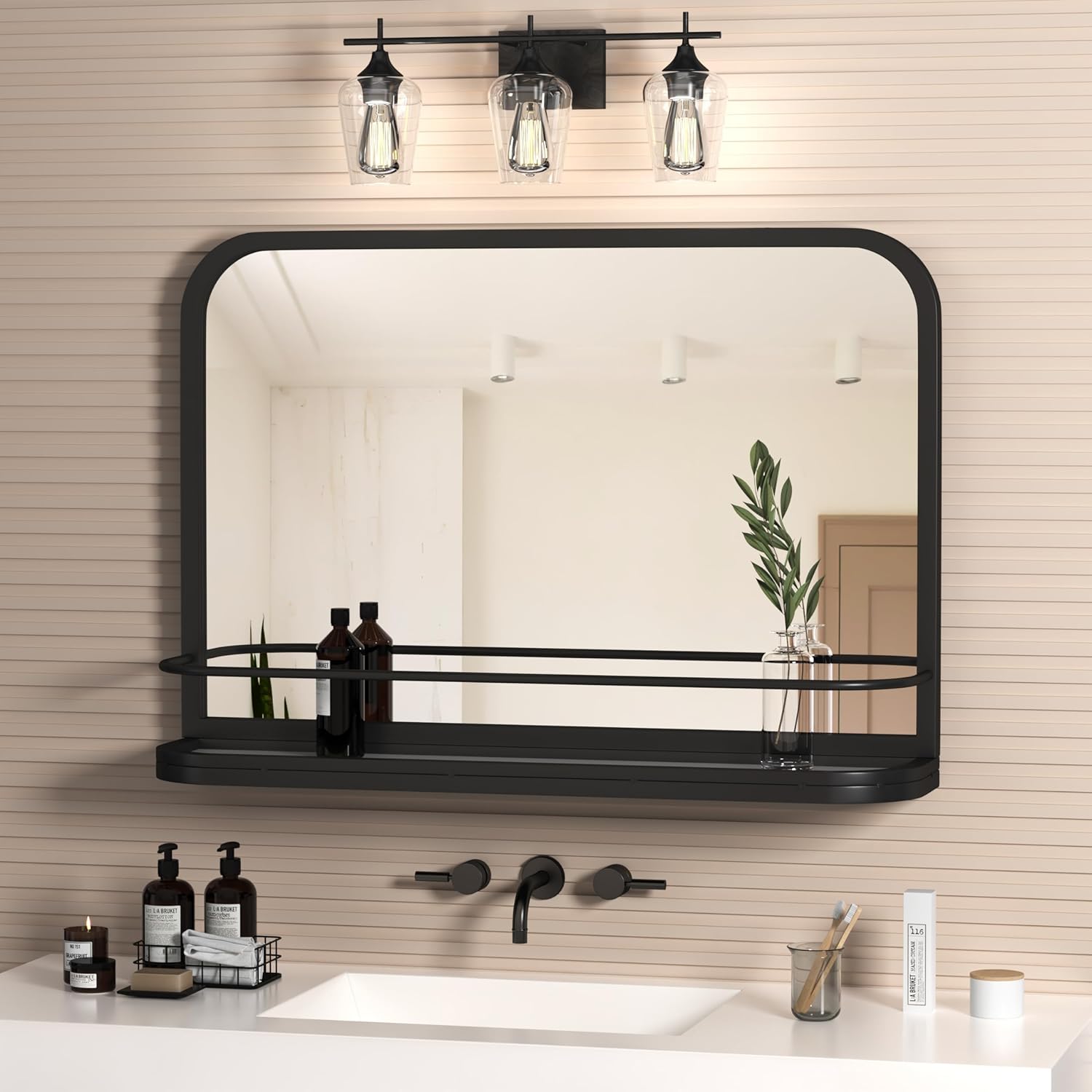 HMANGE Bathroom Mirror with Shelf, Matte Black Modern