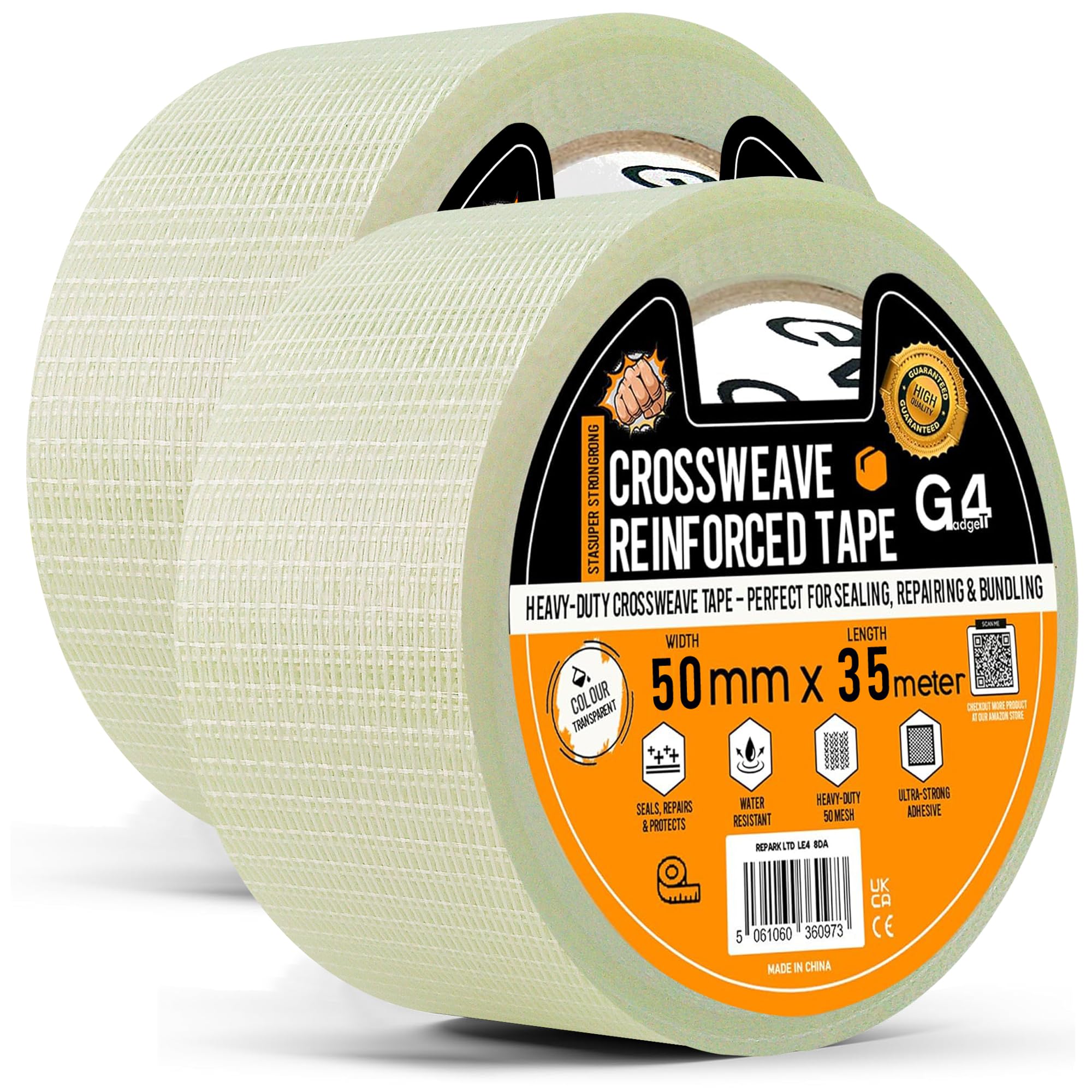 G4GADGET Strong Crossweave Reinforced Tape – 2 Rolls, 50mm x 35m Each, Transparent Bi-Directional Fiberglass Filament Tape, Heavy Duty Packing Tape for Cricket Bat, Sealing & Shipping