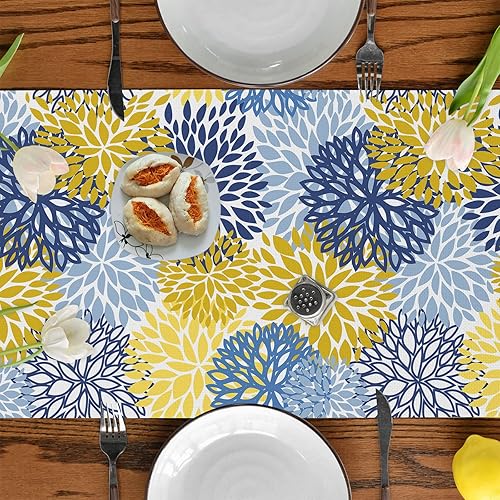Miniatura 6 de Camino de mesa de flores de dalia de 72 pulgadas de largo, camino de mesa floral azul amarillo decoración de cocina para fiesta en el hogar y