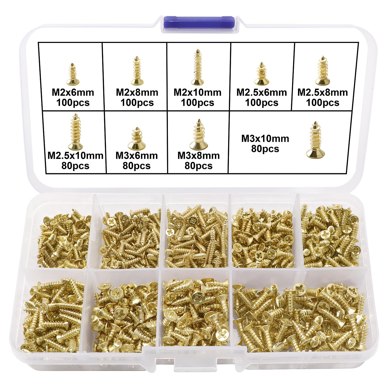 VooGenzek 820 PCS M2 M2.5 M3 Small Wood Screws Kit, Countersunk Cross Head Tapping Screws, Micro Fasteners Screw Set, for Wood, Drywall, Furniture, Repairing (Gold Miniature)