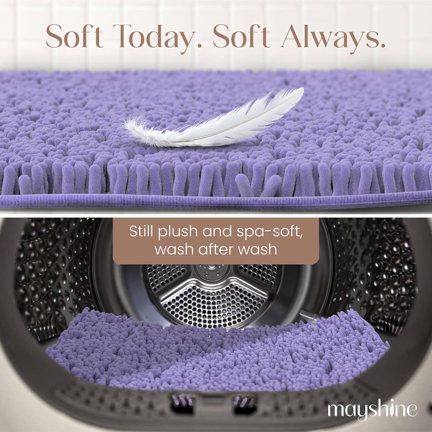 MAYSHINE Plush Shaggy Chenille Bath Mat | Extra Soft, Super Absorbent, Non-Slip Bathroom Rug | Fluffy Microfiber, Area Rug Sets for Bathroom Floor, Kitchen, Living Room | 59"x31" | Lavender