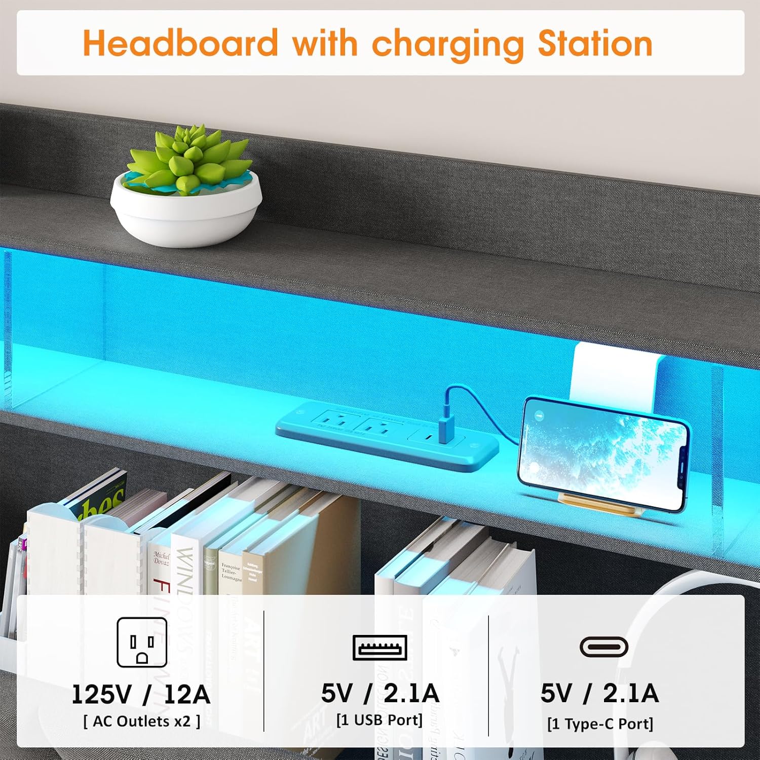 Close-up of the headboard's charging station with 2 AC outlets, 1 USB port, and 1 Type-C port.