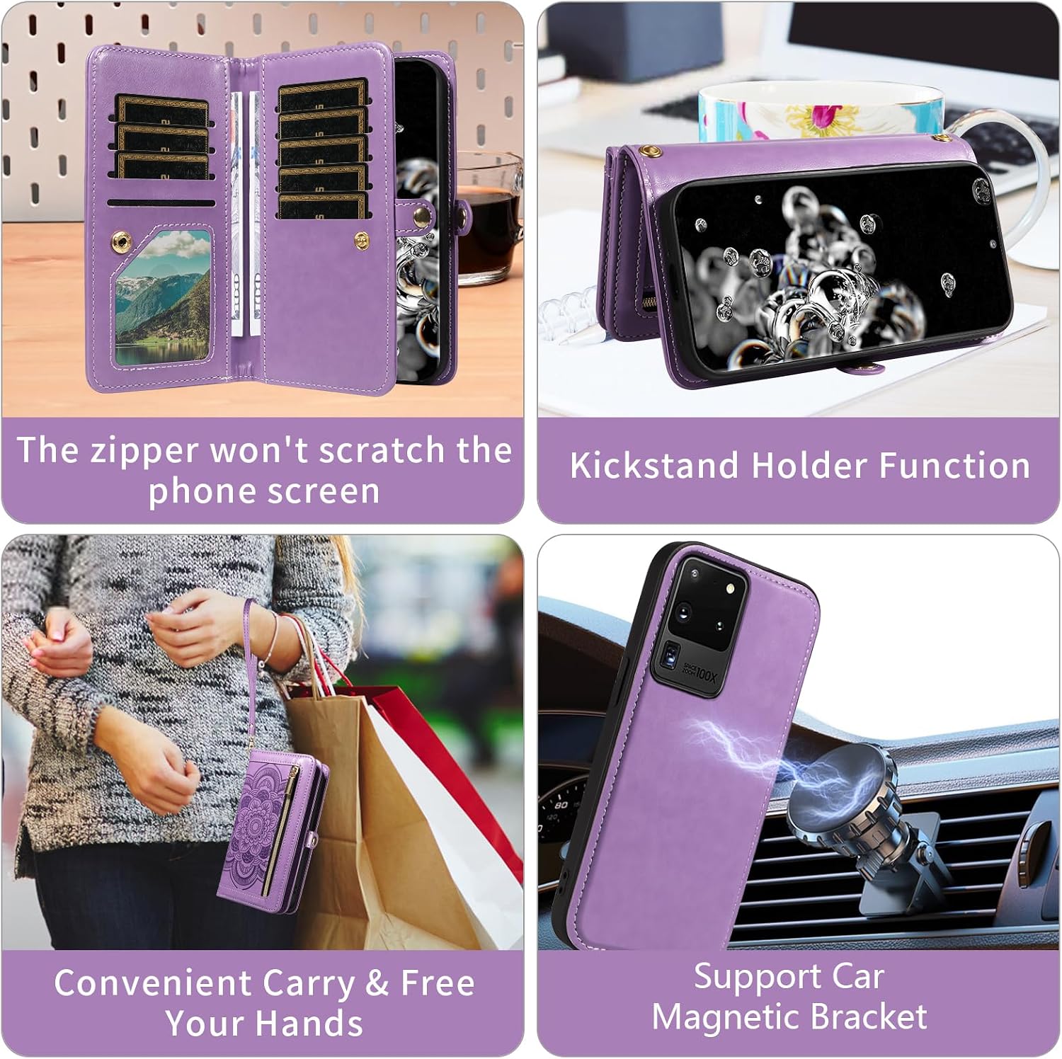 Asuwish Phone Case for Samsung Galaxy S20 Ultra 5G Zipper Wallet Detachable Cell Cover with Tempered Glass Screen Protector Strap Flower Card Holder S20ultra 20S S 20 A20 S2O 20ultra G5 Women Purple