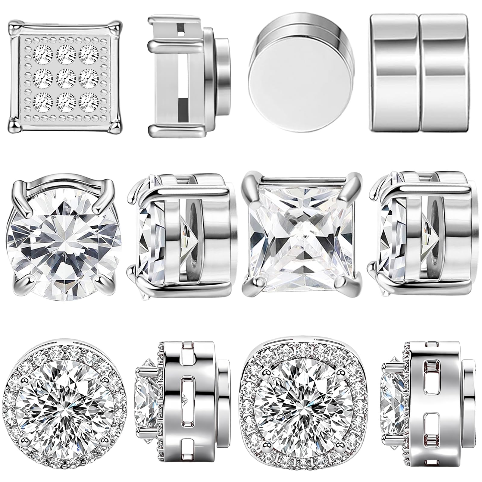 NEWITIN 6 Pairs Stainless Steel Magnetic Stud Earrings for Men Clip on Earring Magnetic Earring Unisex Non Piercing CZ Magnet Studs Diamond Earrings for Women Men