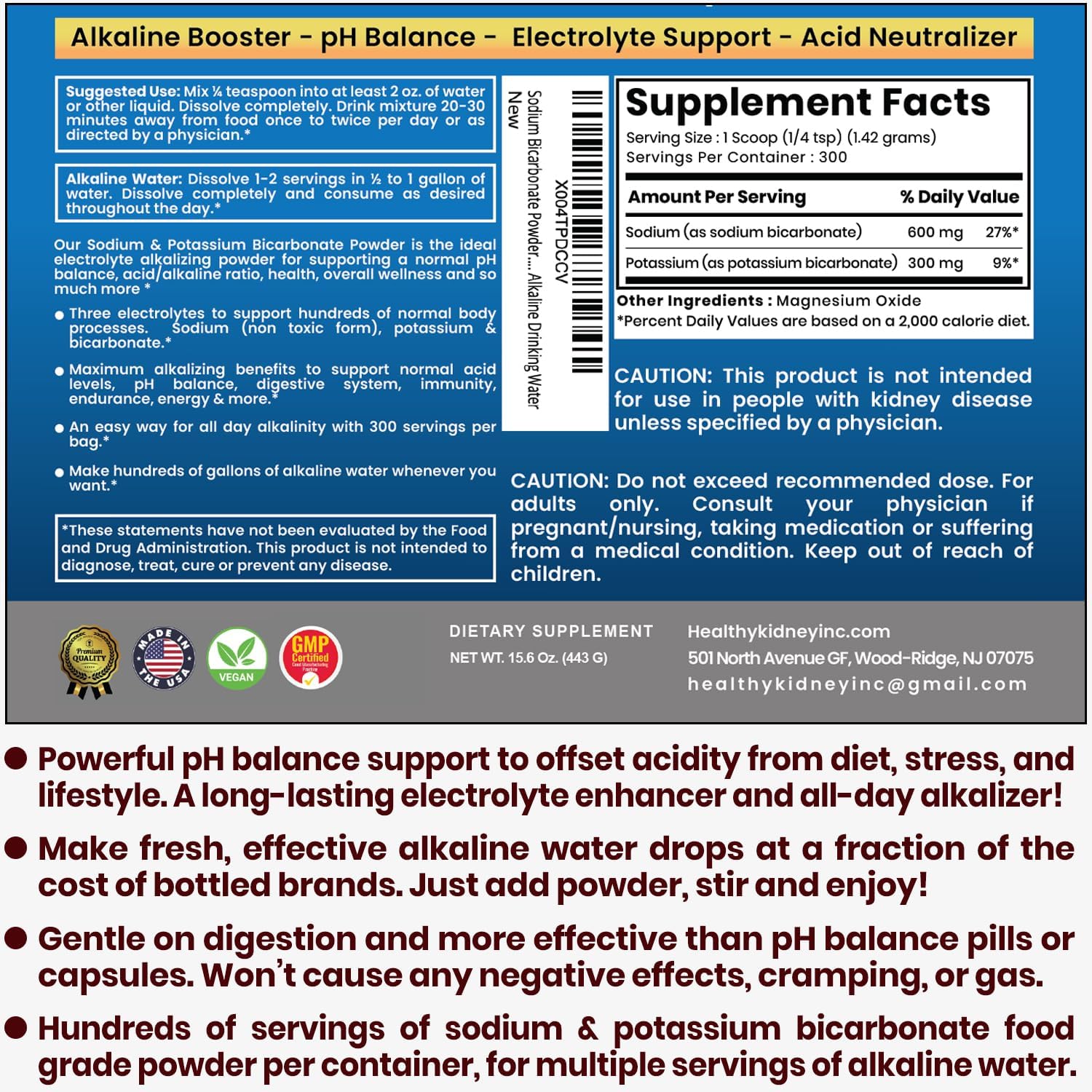 Sodium Bicarbonate Powder & Potassium Bicarbonate Powder pH Balance Supplement. Make Gallons of Alkaline Water Drops for Acid/Alkaline pH Balance, Stomach Immune Performance. Alkaline Drinking Water