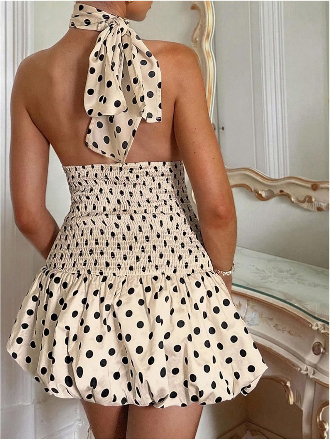 MakeMeChic Women's Polka Dots Bubble Mini Dress Shirred Halter Sleeveless A Line Y2k Dresses - Image 2