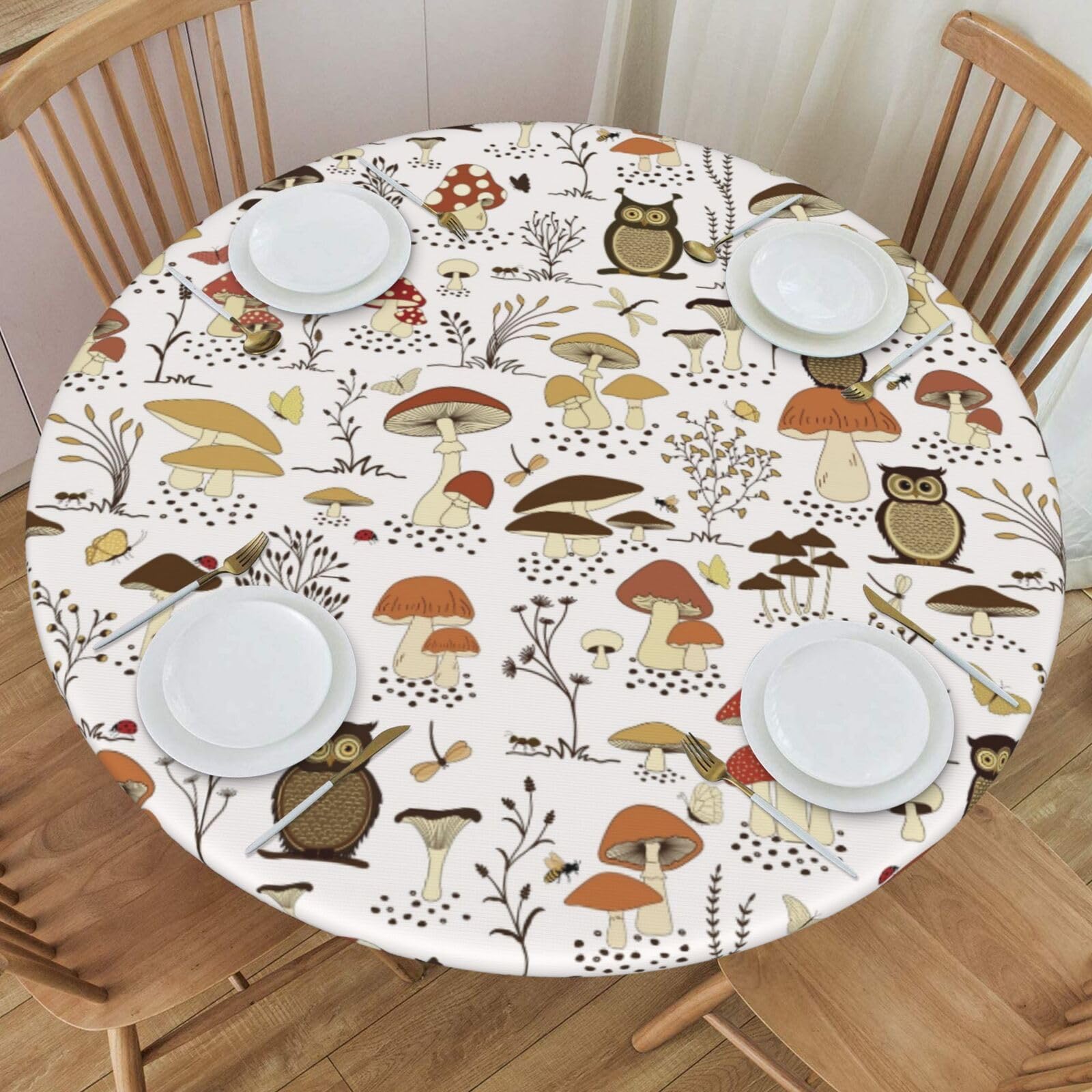 Delerain Cartoon Owls and Mushrooms Round Fitted Tablecloth, Waterproof Round Table Cloth with Elastic Edged Washable Table Cover for Indoor Outdoor Fits 40