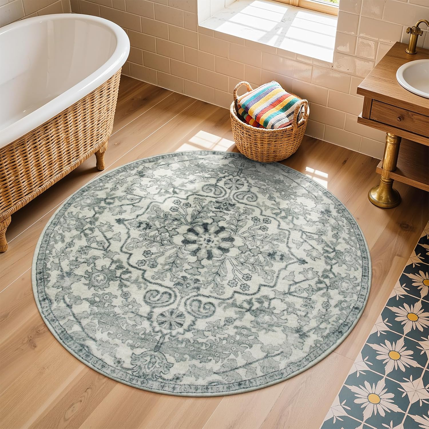 Lahome Reine Bohemian Round Area Rugs, Washable Small Round Rug 3ft Soft Non-Slip Circle Rugs for Entryway, Low Pile Non-Shedding Print Indoor Carpet for Kitchen Laundry Bathroom, Beige