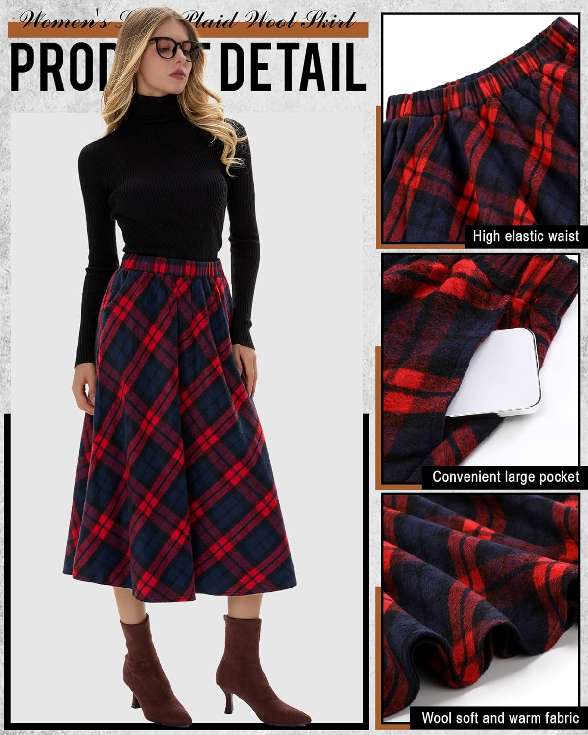 Women's Long Plaid Wool Skirt Fall Winter High Waisted A-line Pleated Tartan Long Skirt with Pockets - Image 5
