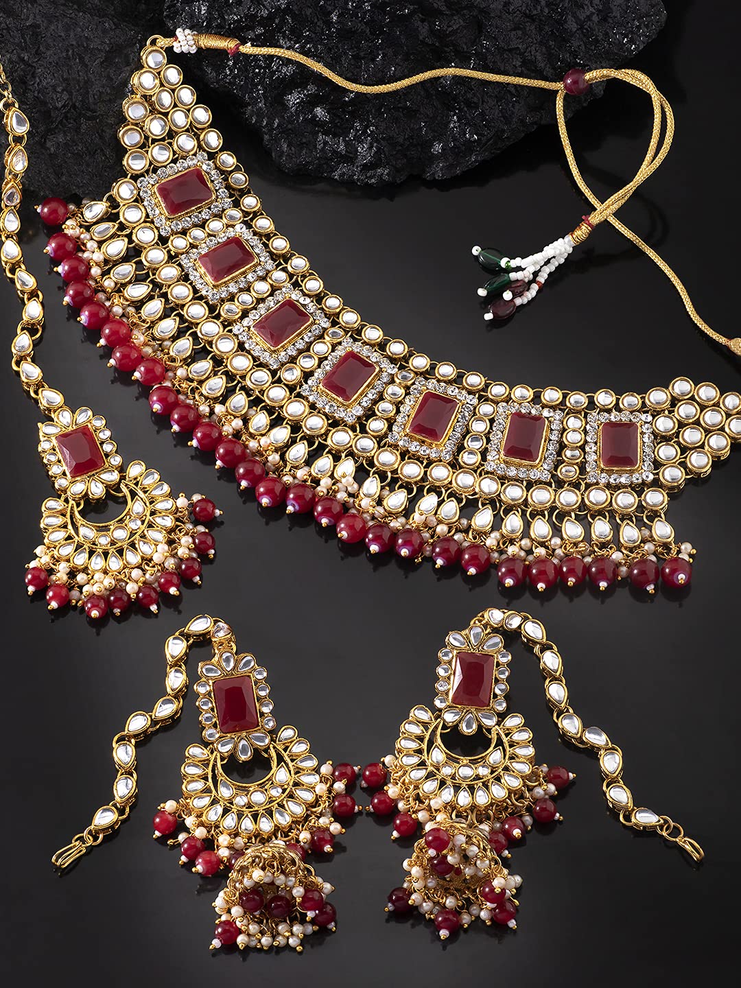 Peora Rani Padmavati Dulhan Bridal Kundan Pearl Choker Necklace with Earrings Maang Tikka for Women Girls Indian Traditional Jewellery Set 1
