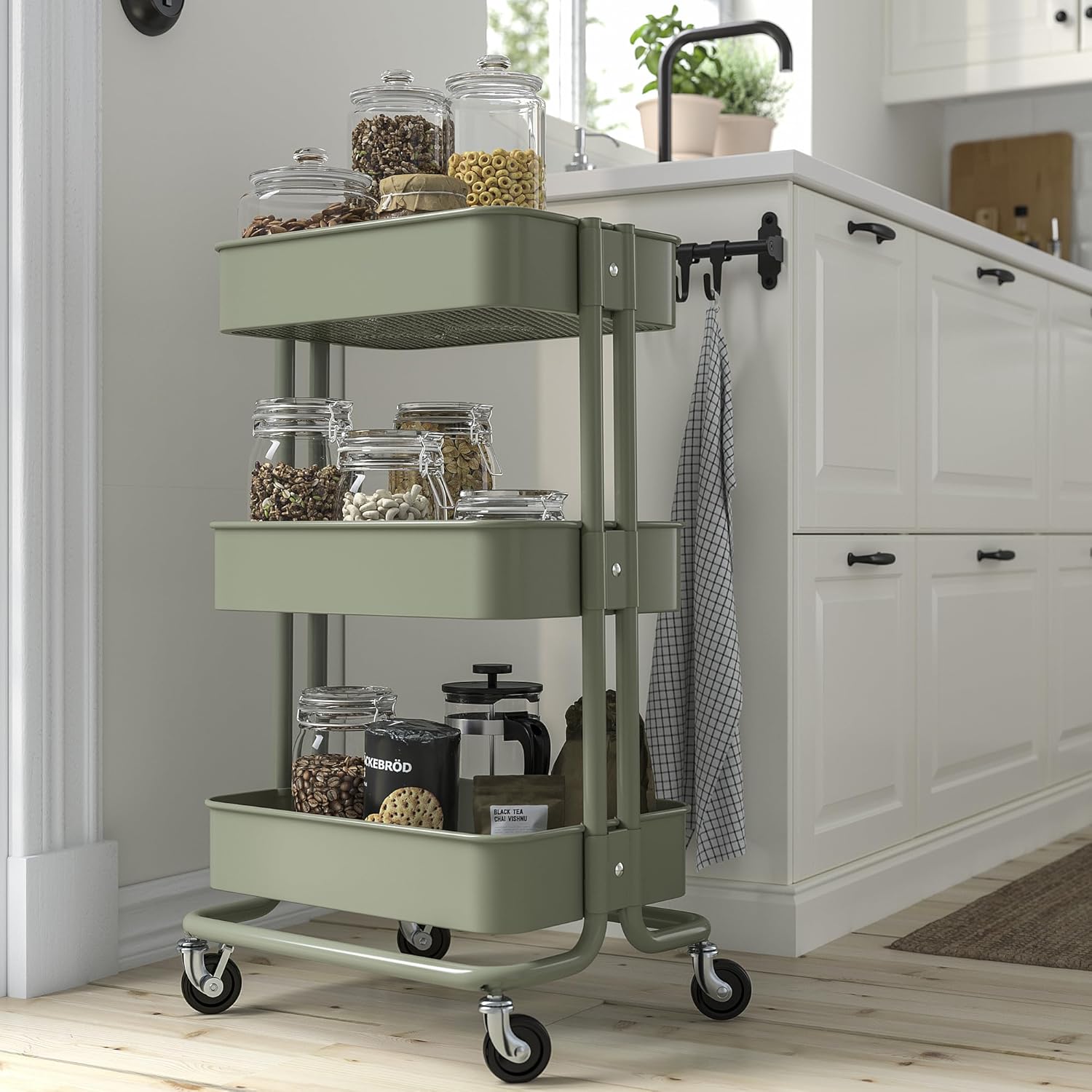 RÅSKOG Trolley, grey-green, 35x45x77 cm