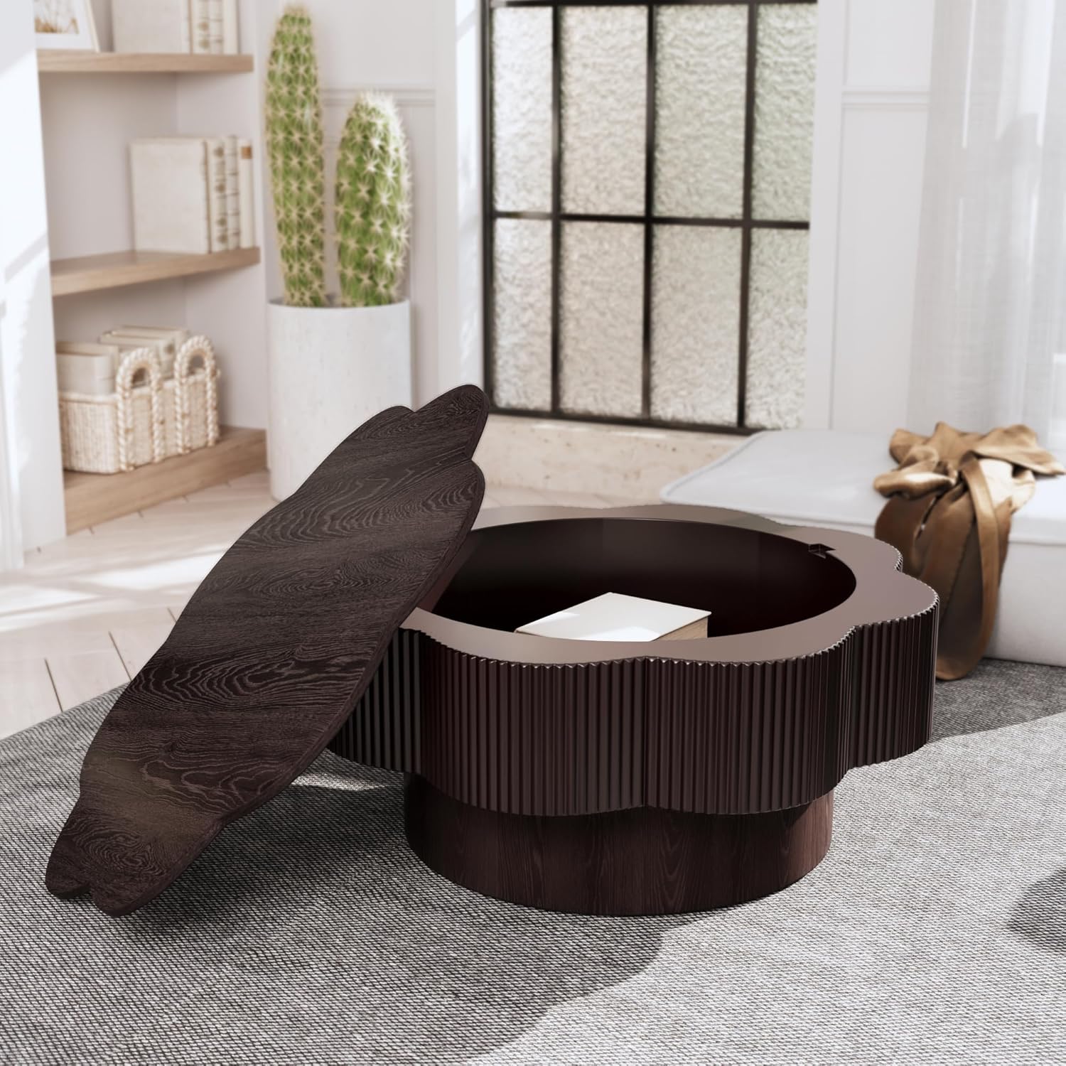 31.50" Modern Coffee Table with Storage, Round Wood Coffee Table Center Table for Living Room, Apartment, Office, Dark Brown