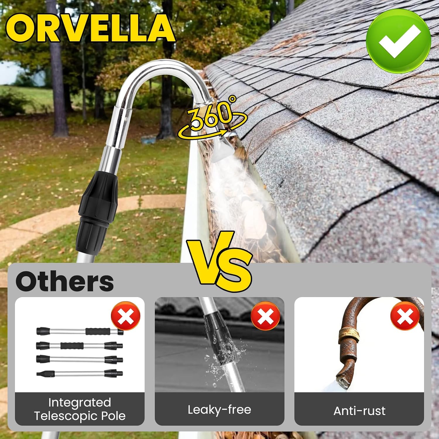 Gutter Cleaning Tools, 16ft（24ft Reach） Gutter Cleaner Tools From the Ground with Hose Attachment, Rain Gutters Cleaning Wand with Heavy-Duty Head for 2nd Story House