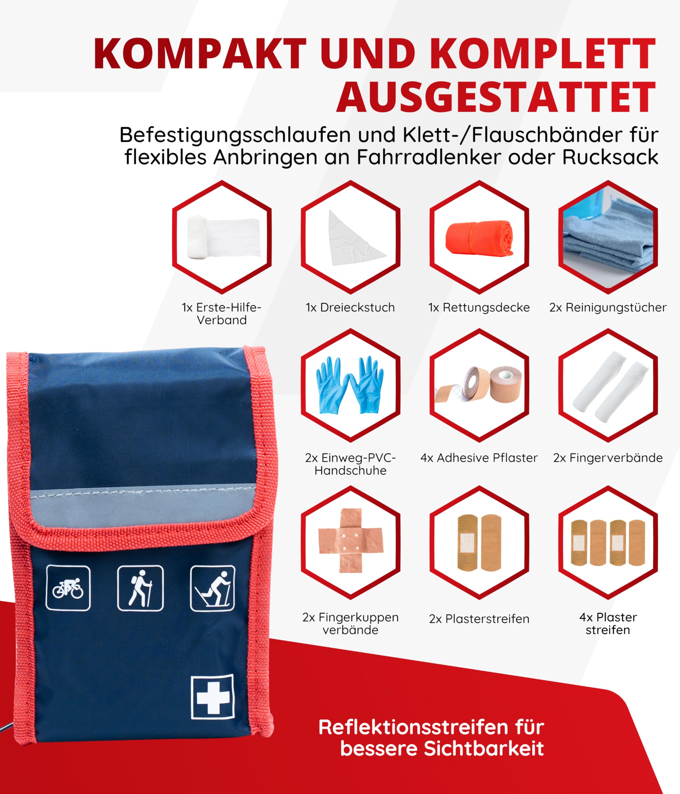 Erste Hilfe Set Outdoor – Perfekt für Wandern, Radfahren & Camping – Reflektierende Verbandstasche zur Befestigung am Rucksack oder Fahrrad