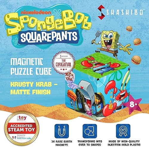 Miniatura 2 de SHASHIBO Caja que cambia de forma de Bob Esponja, premiado y patentado, cubo magnético con 36 imanes de tierras raras, el cubo antiestrés se
