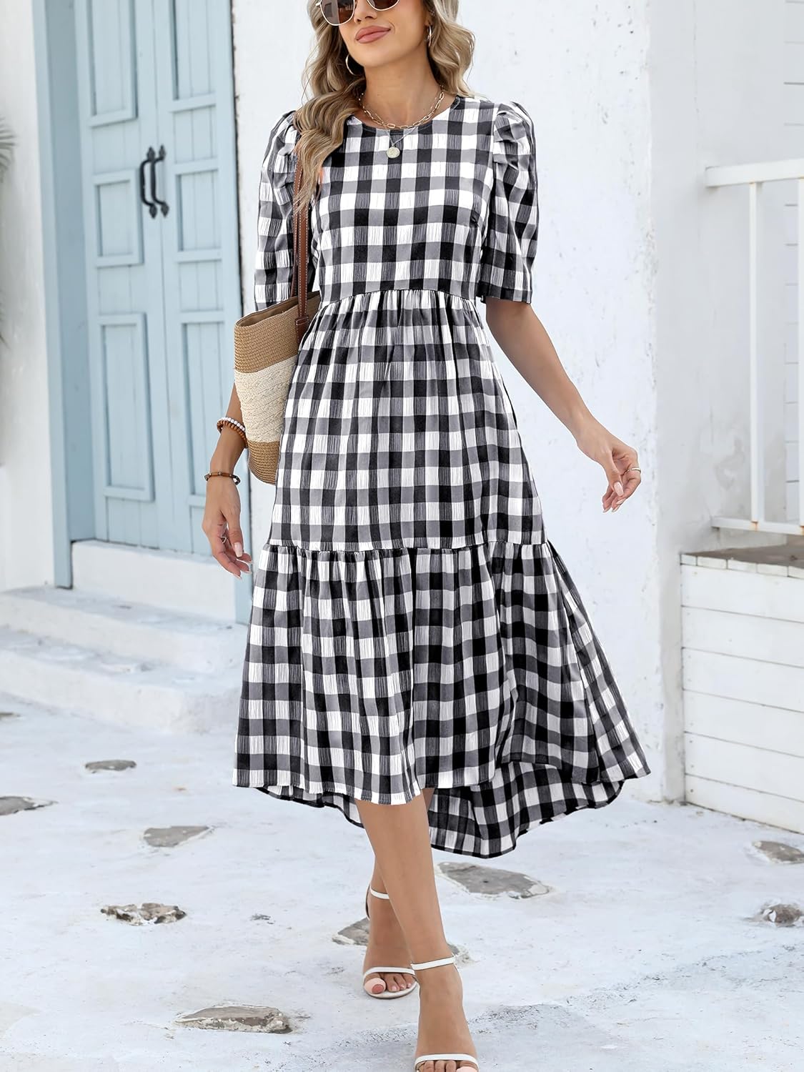 ANRABESS Womens Summer Midi Dresses Casual 2026 Plaid Short Puff Sleeve High Low Flowy Beach Vacation Dress with Pockets - Image 4
