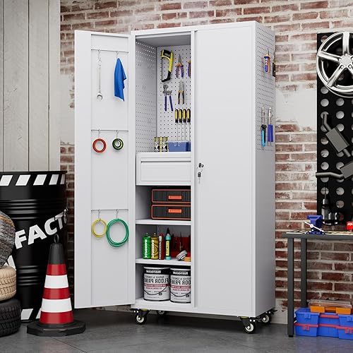 Miniatura 59 de Armario de almacenamiento de metal con tablero de clavijas de 31.5 x 31.5 x 16.5 pulgadas, armario de almacenamiento de acero con cerradura con 5