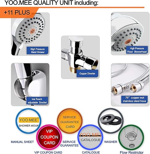 Miniatura 2 de YOO.MEE Juego combinado de ducha de alta presión, con potente ducha de mano a presión y cabezal de ducha fijo de chorros fuertes, con desviador de