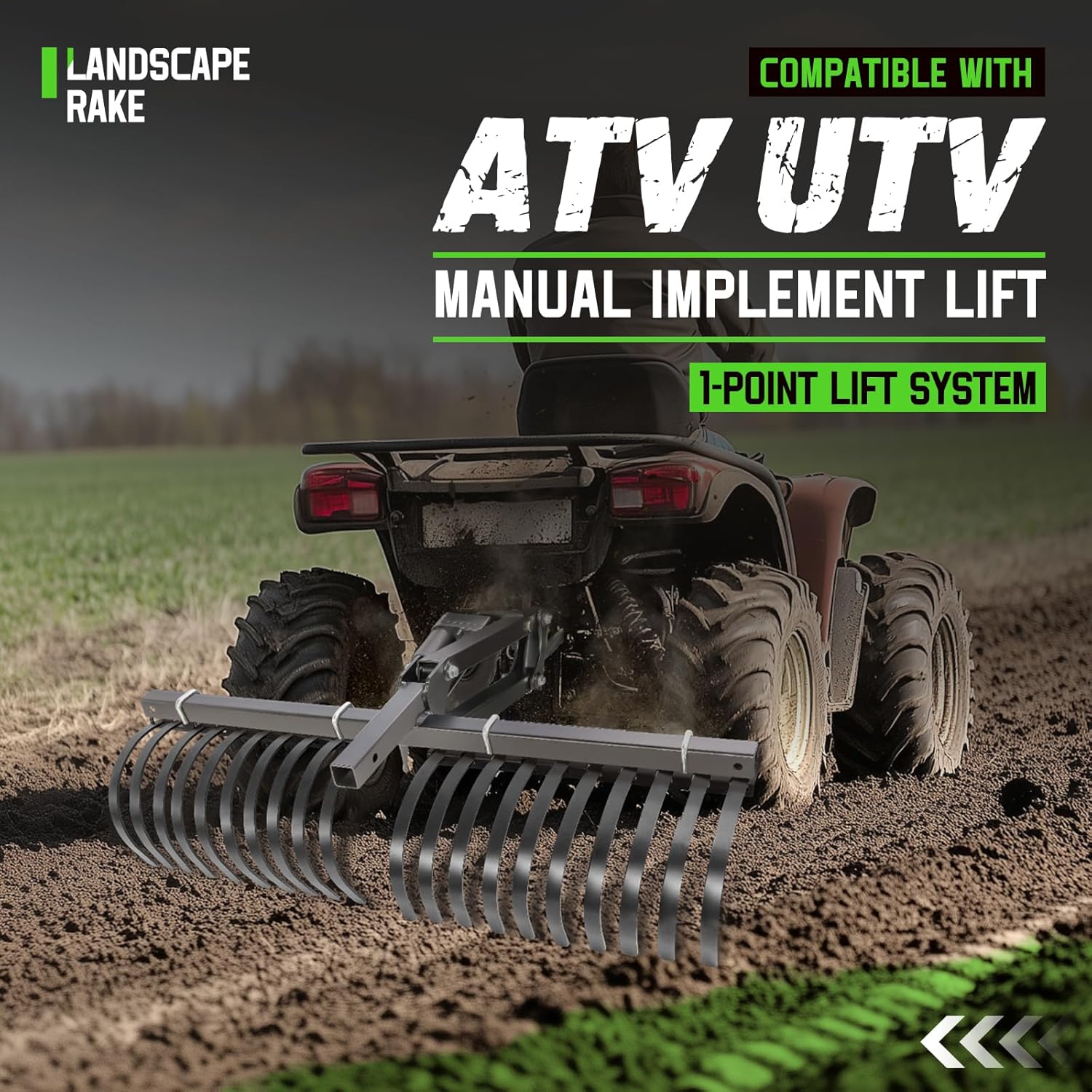 ATV/UTV Landscape Rake Implement for Removal of Rock, Grass Clumps and Debris Prep for Seeding, Cultivate, Maintain Land Heavy Duty Rock Rake Manual Implement Lift Powder Coated Steel