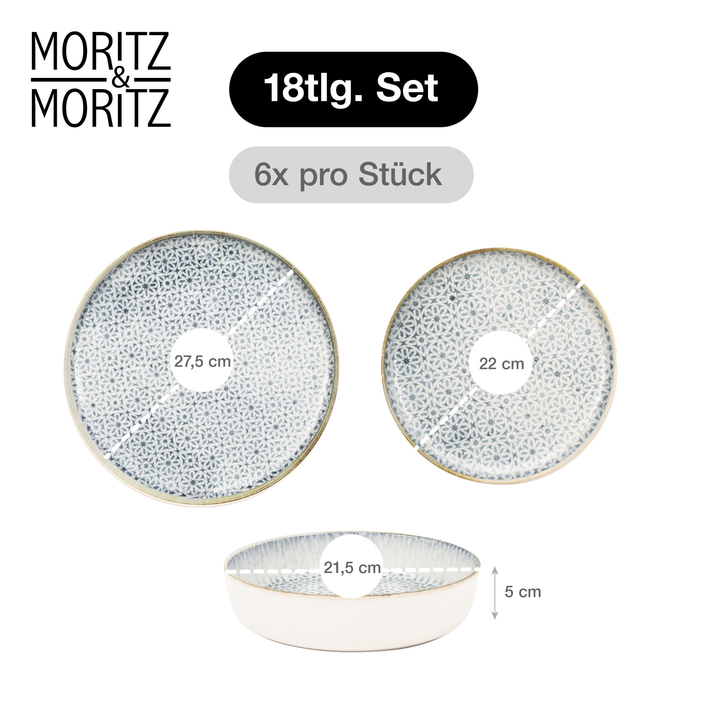 Moritz & Moritz ALHAMBRA Geschirrset 6 Personen 18-tlg. aus hochwertigem Porzellan - Modernes Tafelservice in Blau - Pflegeleichtes Geschirr Set aus je 6x Speiseteller, Dessertteller und Schalen