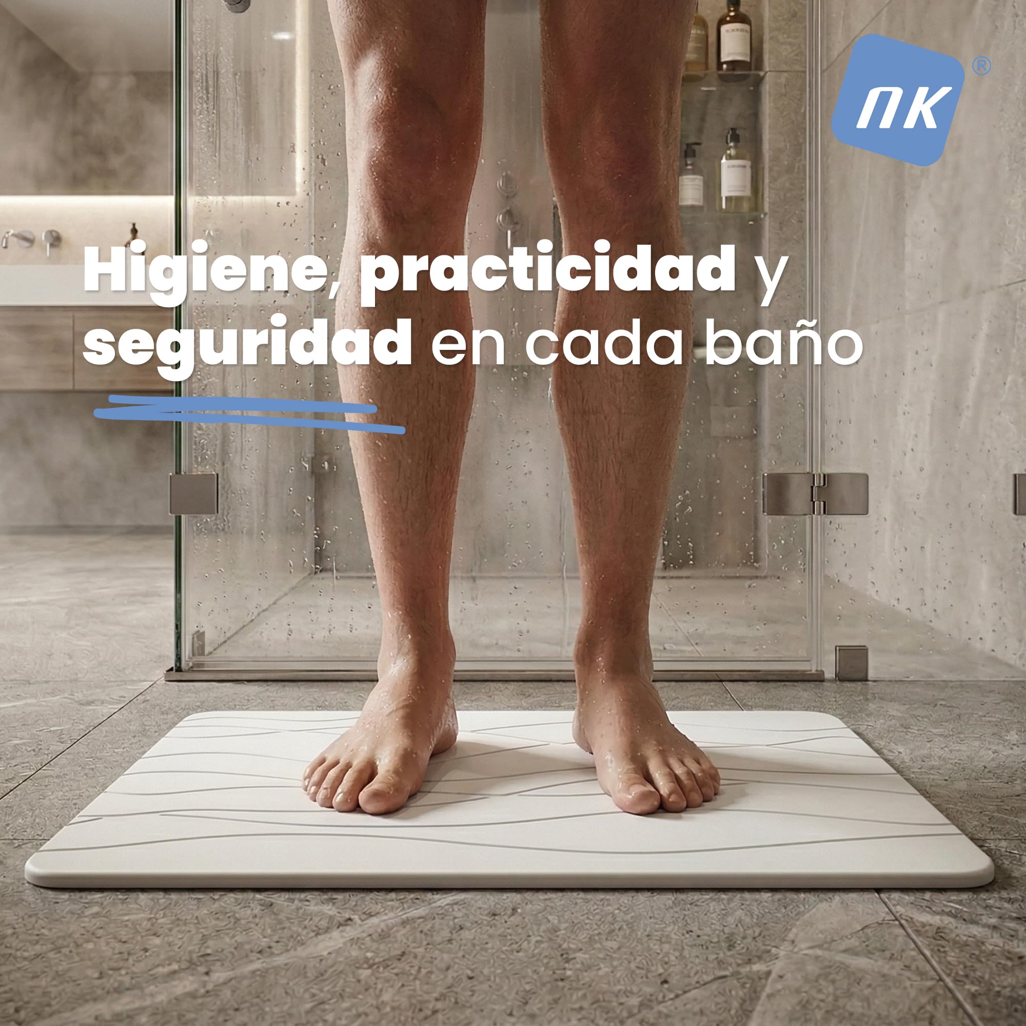 NK Alfombra Diatomita Baño 60 x 40 cm - Alfombrilla de Piedra Super Absorbente, Secado Rápido y Antideslizante para Ducha, Stone Bath Mat (Blanco)