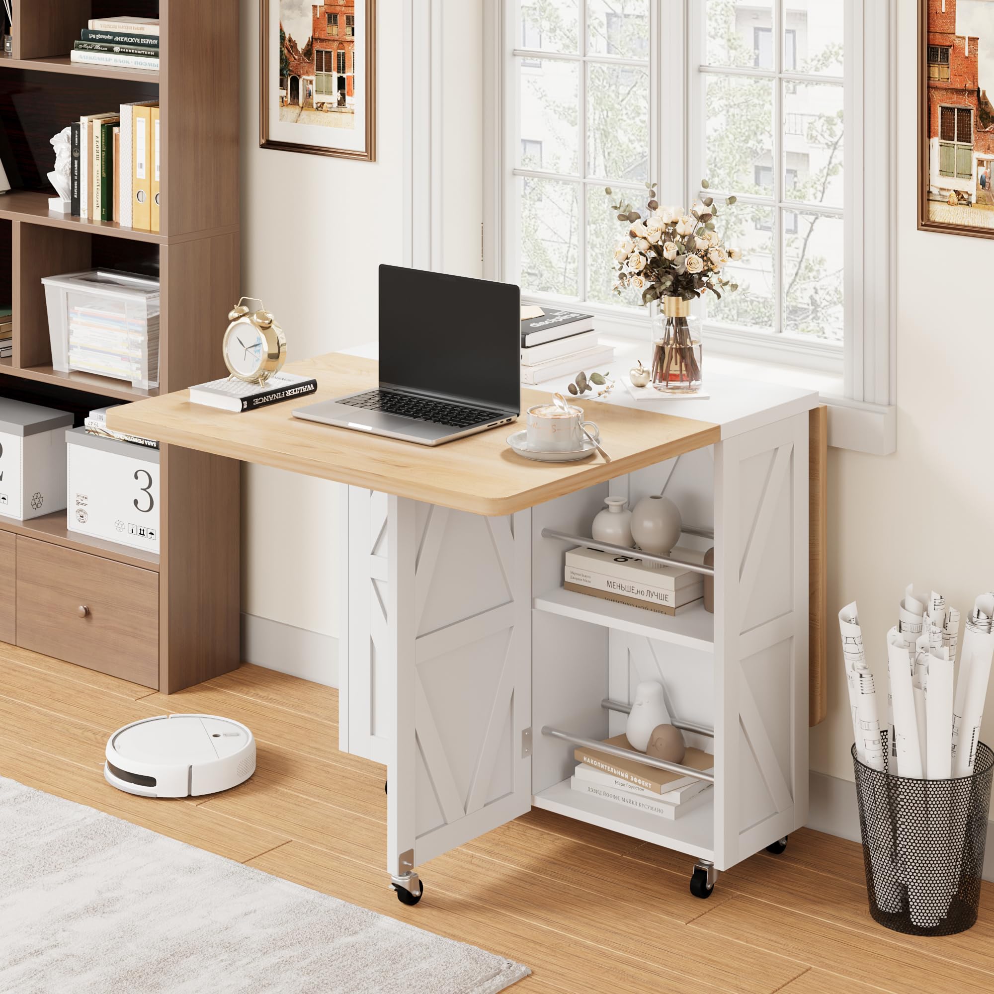 Jocoevol Table à Manger Pliante sur roulettes, Table De Cuisine avec Tiroir Et Espace De Rangement pour 2 À 4 Personnes, Idéale pour Petits Espaces, Salles À Manger Et Cuisines (Érable Blanc)
