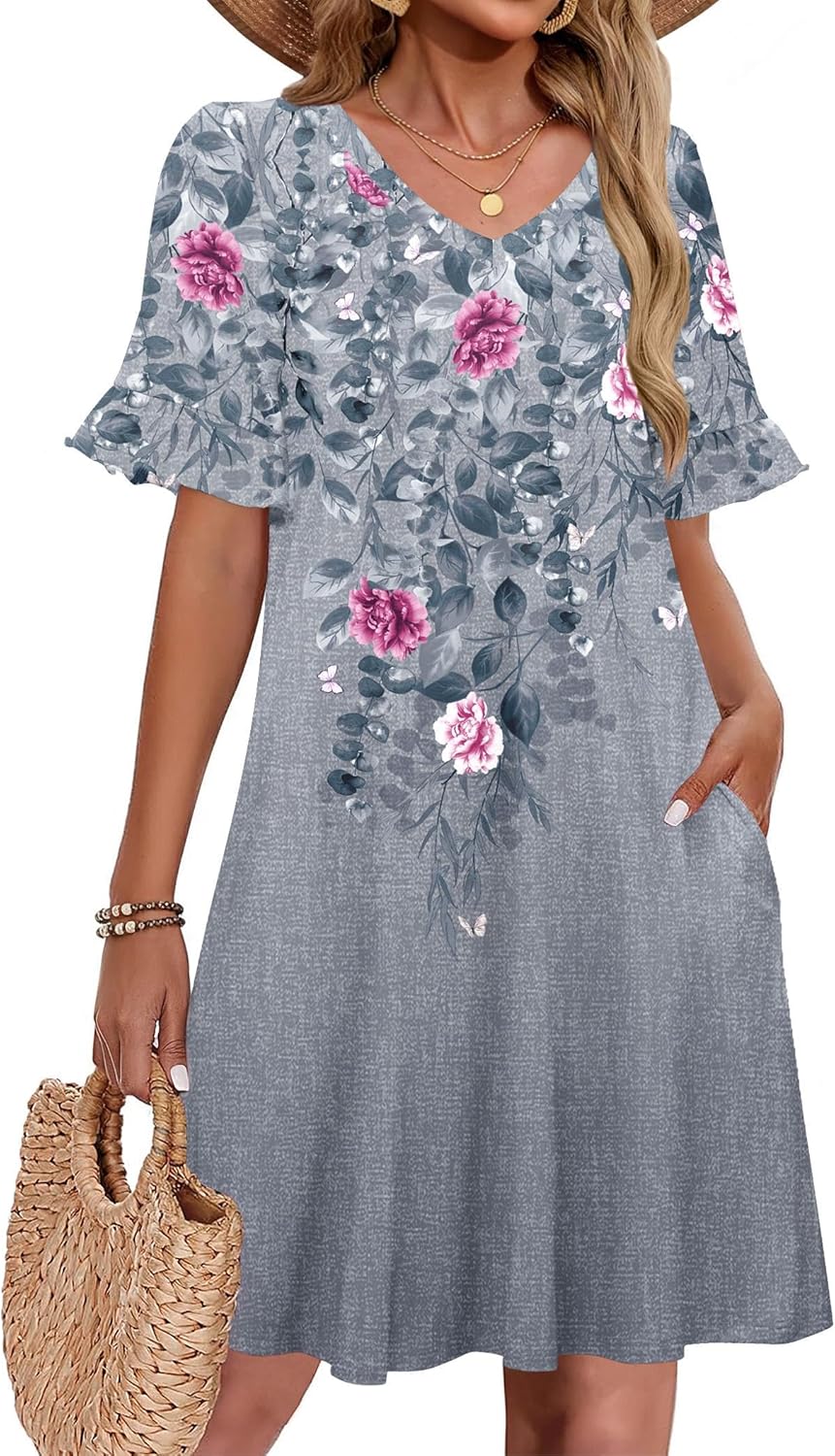 Zeagoo Summer Casual Dresses for Women A Line Sun Dress Ruffle Short Sleeve V Neck Floral Tshirt Dress with Pockets - Image 2