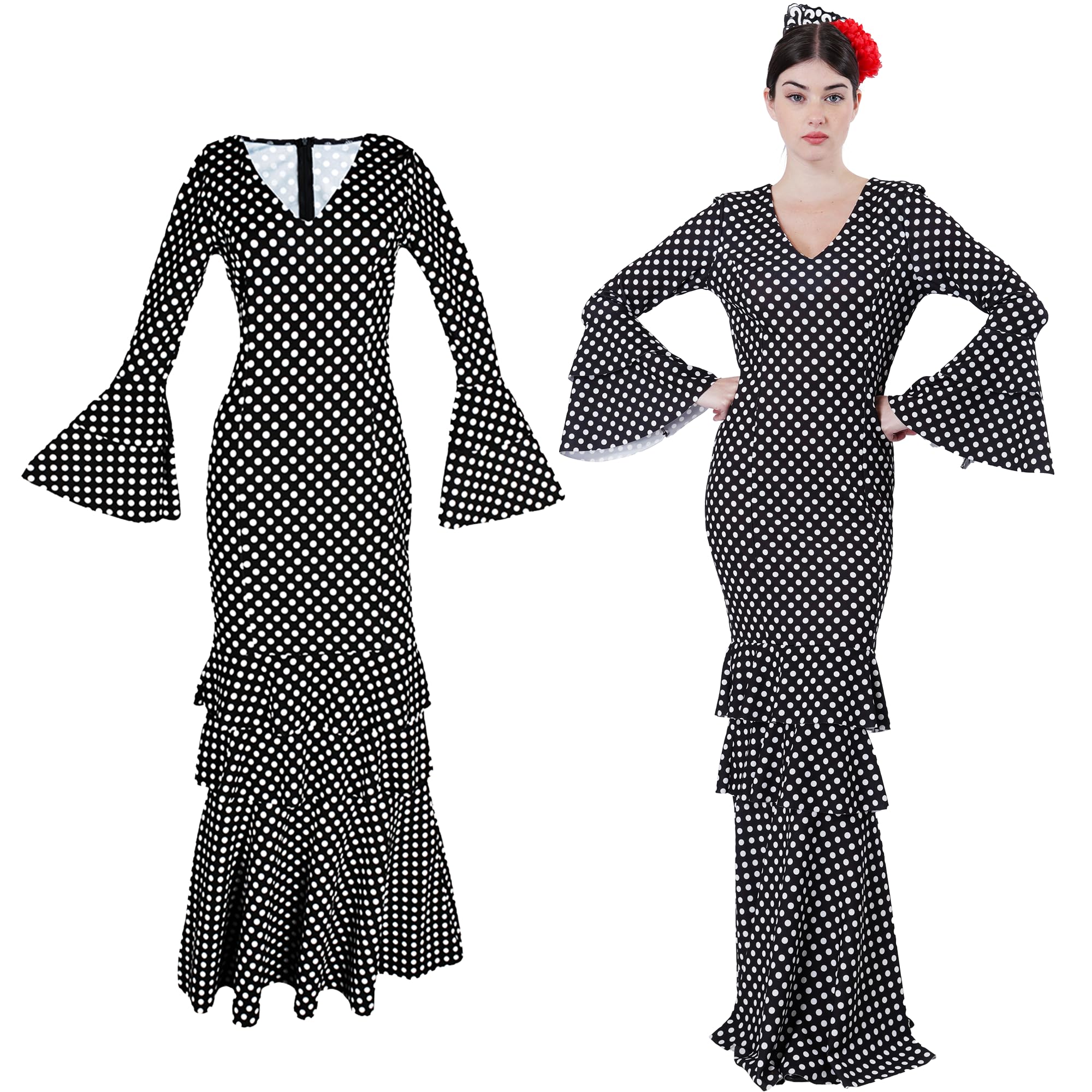 Carnavalife Disfraz flamenca talla única para mujer, Disfraz sevillana de flamenco, Disfraz chulapa andaluz, Disfraz gitana para Adultos, Vestido flamenca