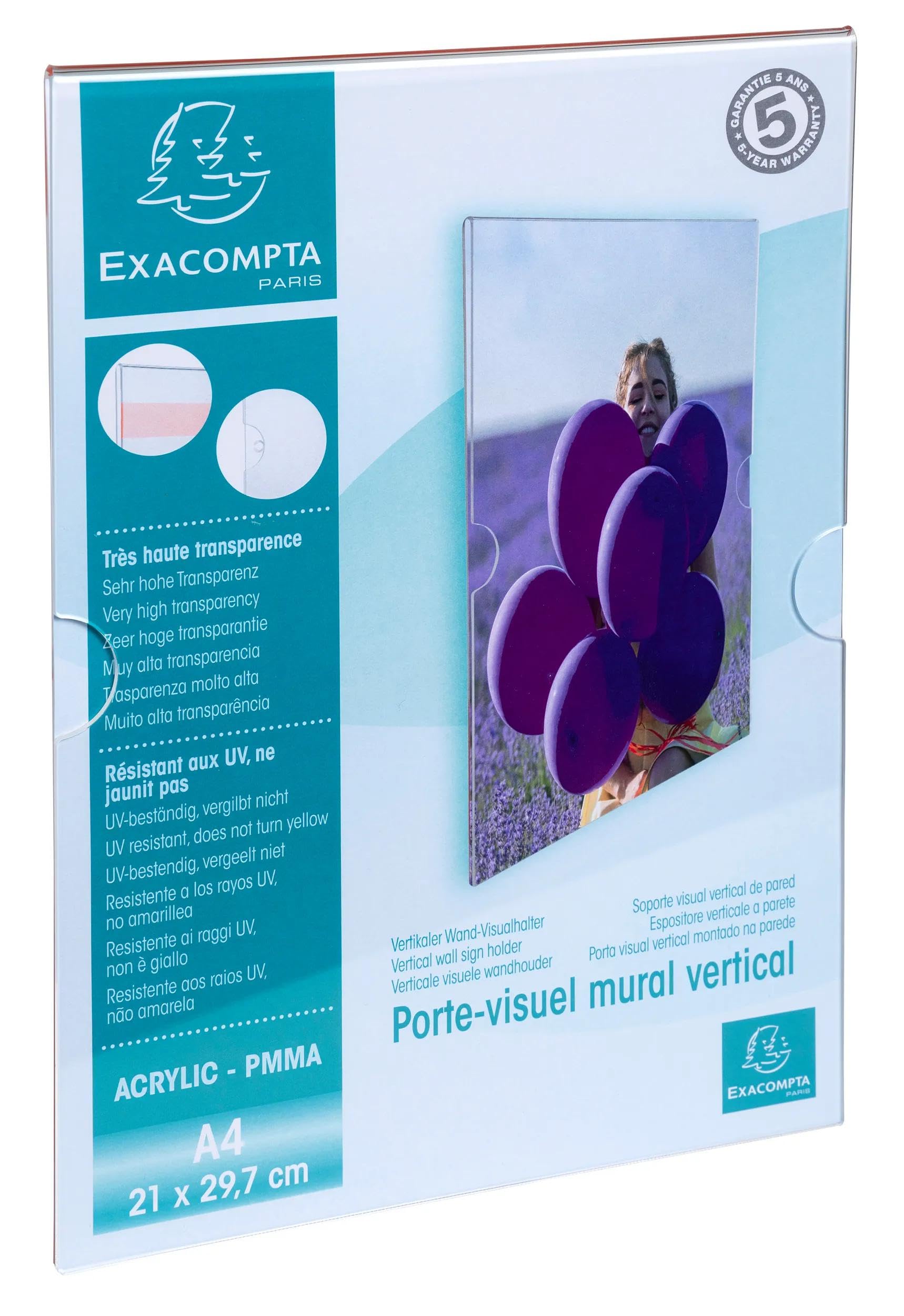 Exacompta - Réf. 84858HD - Carton de 10 - Porte-visuel mural vertical A4 pour afficher les photos ou documents - en PMMA (acrylique) très haute transparence - Cristal