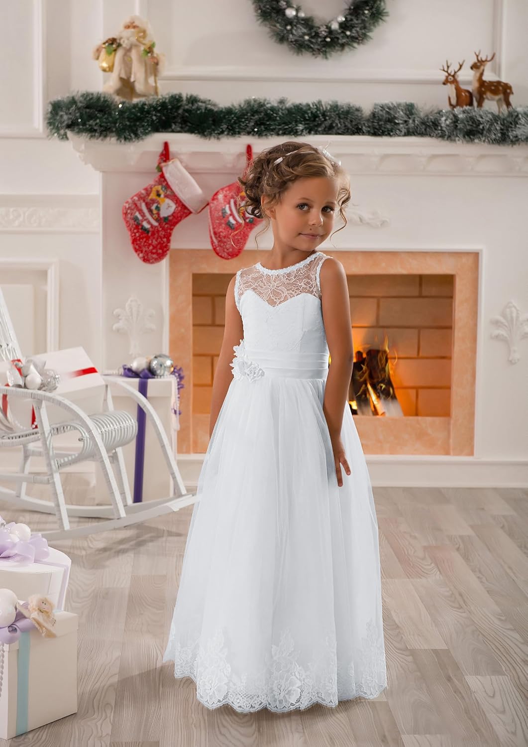 Lace Embellished A-Line Sleeveless Girls Wedding Party Dresses