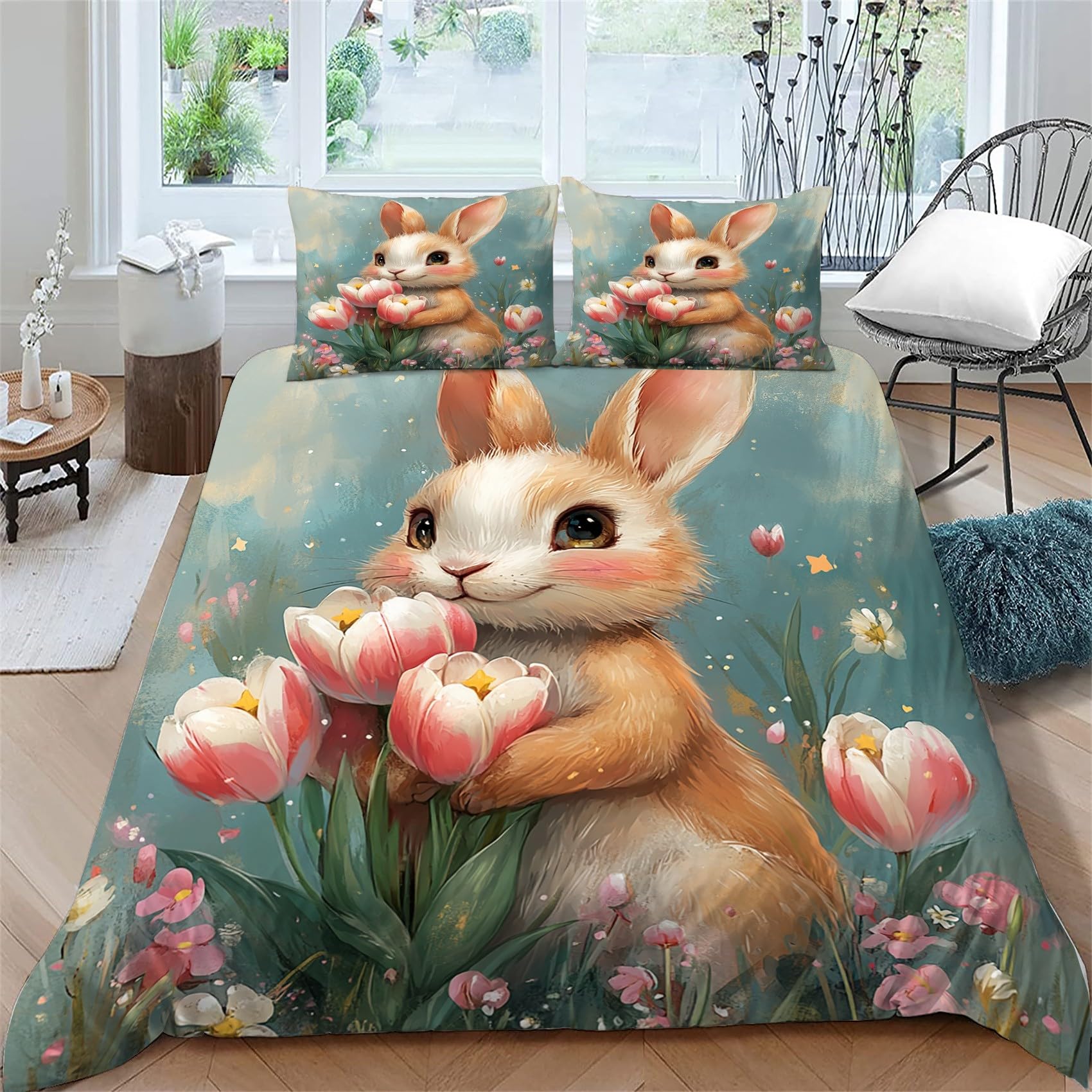 Housse de couette lapin 140x200 cm en microfibre pour lit enfant et adulte