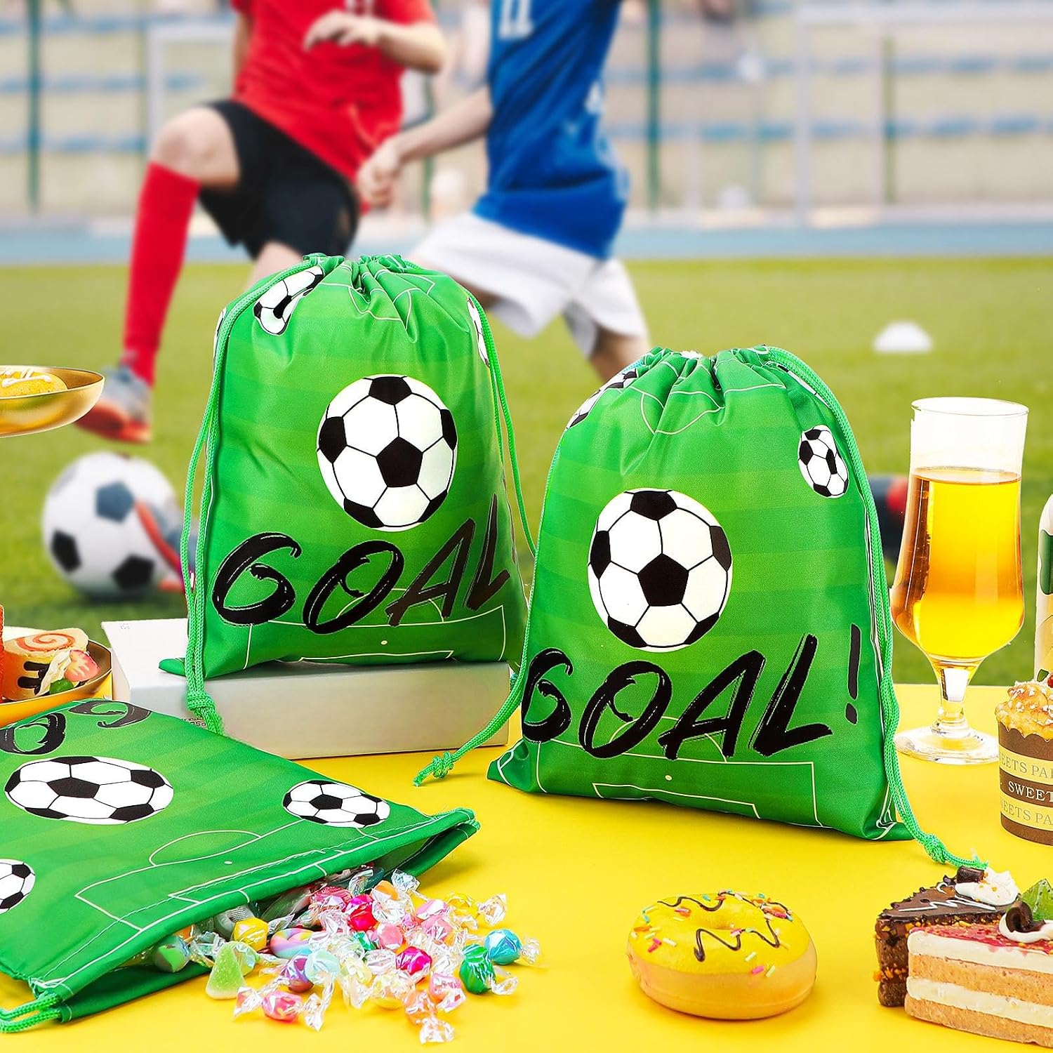 Sadnyy 24 Pcs Soccer Backpack Party Favor, 12 x 10 Inch Soccer Gift Bags, Sports Football Treat Goodie Drawstring Bag for Team, Birthday Party, School, Reusable Football Candy Bags