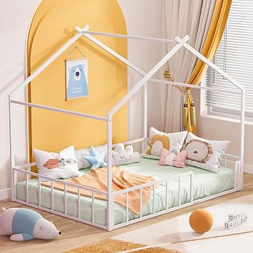 Timy Full Size House Shape Bed Frame Montessori House Bed with High Rails