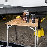 Vista 2 de Camco Mesa de camping plegable de bambú con patas de aluminio, parte superior de bambú natural mide 25 ½ x 19 ¾ pulgadas y soporta hasta 85 libras