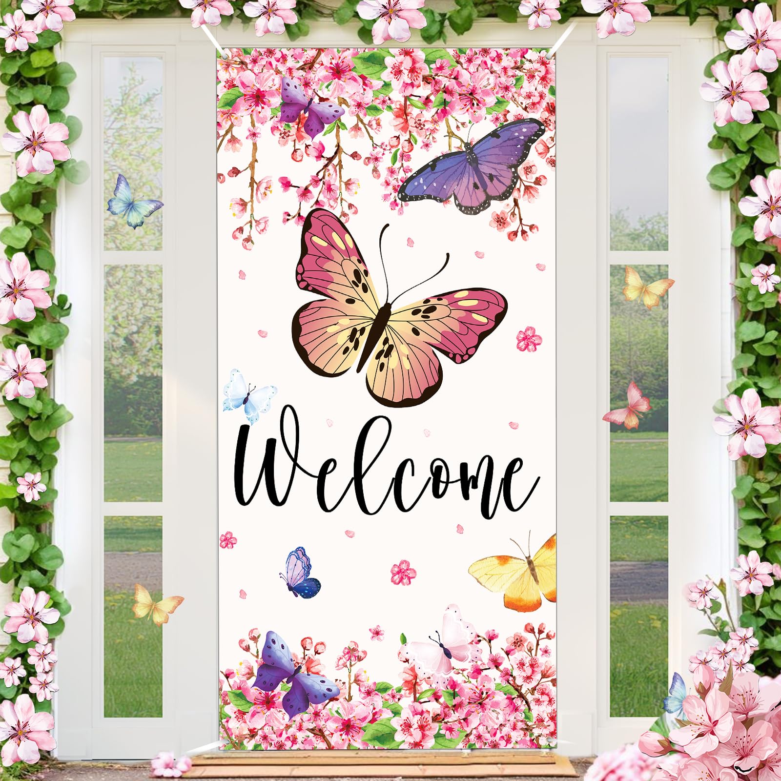 Amazon.com: Welcome Butterfly Sakura Flowers Door Cover Welcome Summer ...