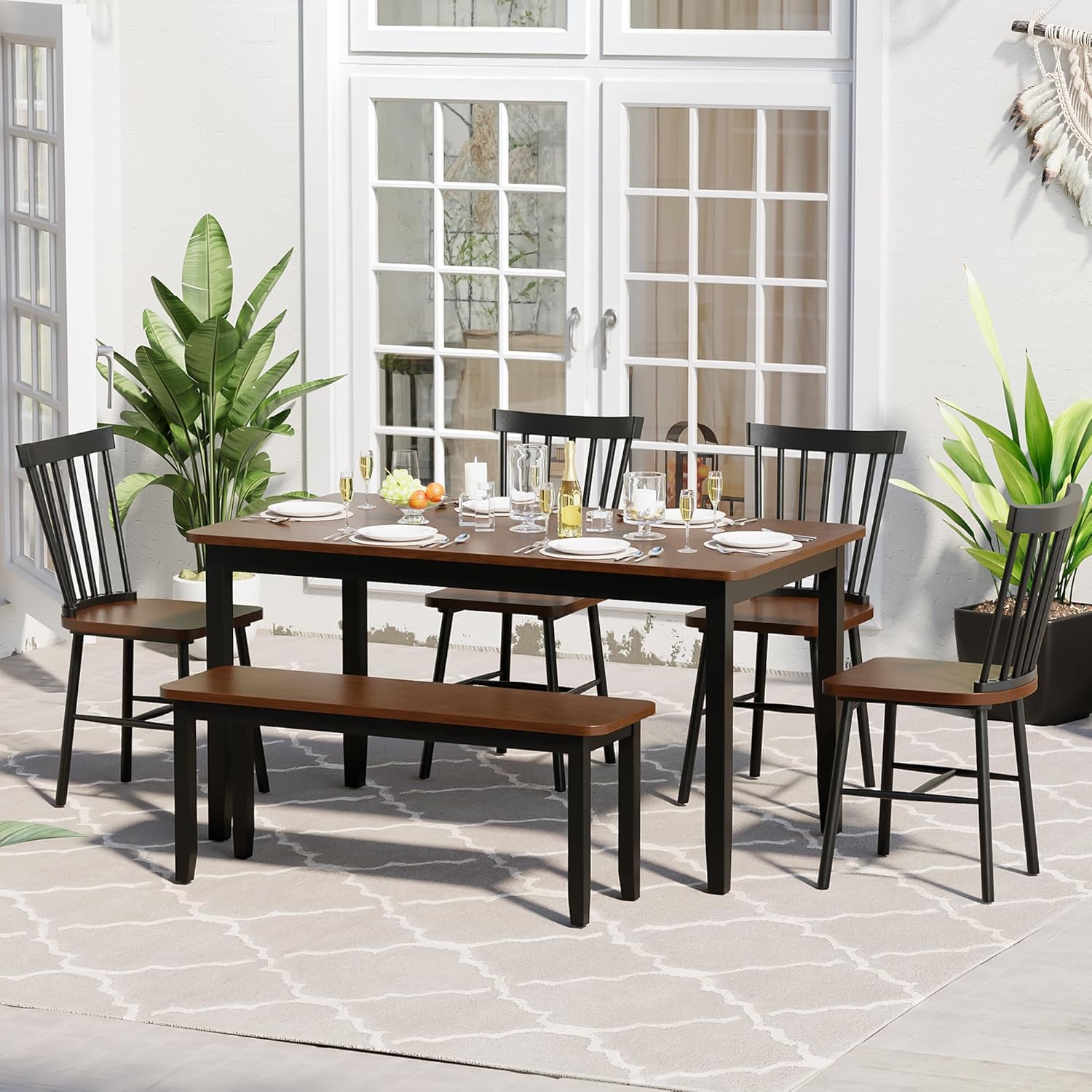 JUMMICO Solid Wood 6 Piece Dining Table Set, Modern 58"/W Kitchen Table Set for 6 with 4 Windsor Chairs & 1 Bench, Kitchen & Dining Room Sets for Kitchen, Restaurant (Brown & Black)