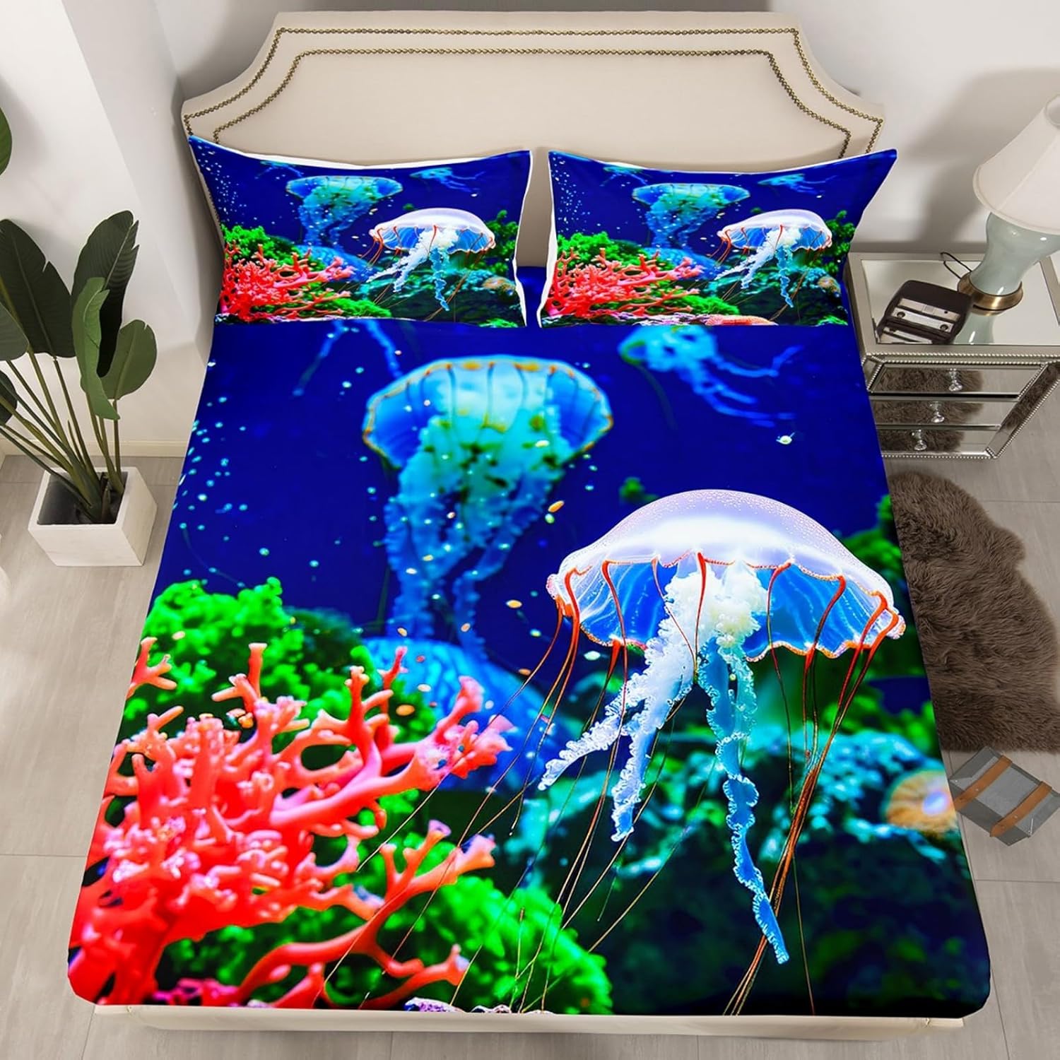Blue Jellyfish Fitted Sheet for Youth Lady,Sealife Underwater World Bed Sheet,Ocean Fish Sheet Set,Under Sea Colorful Coral Reef Bed Cover Tropical Hawaii Beach Bedroom Decor Queen Size