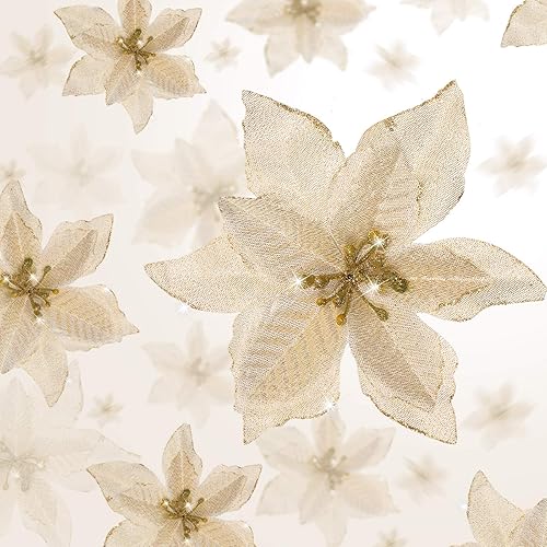 Miniatura 19 de 36 piezas de 3 tamaños de flores artificiales de Navidad con purpurina de Navidad para decoración de árbol de Navidad, Año Nuevo, decoración