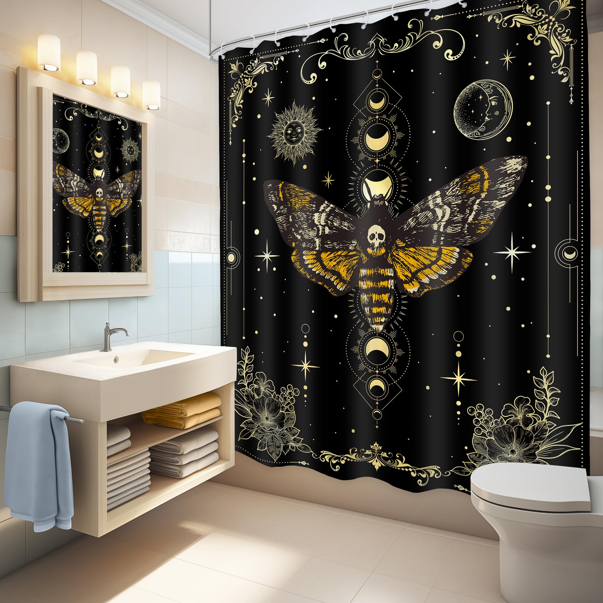 Miyotaa Duschvorhang-Set Im Gothic-Stil – 152x180 Cm, Burgunderrot Mit Totenkopf-Muster, Wasserdicht