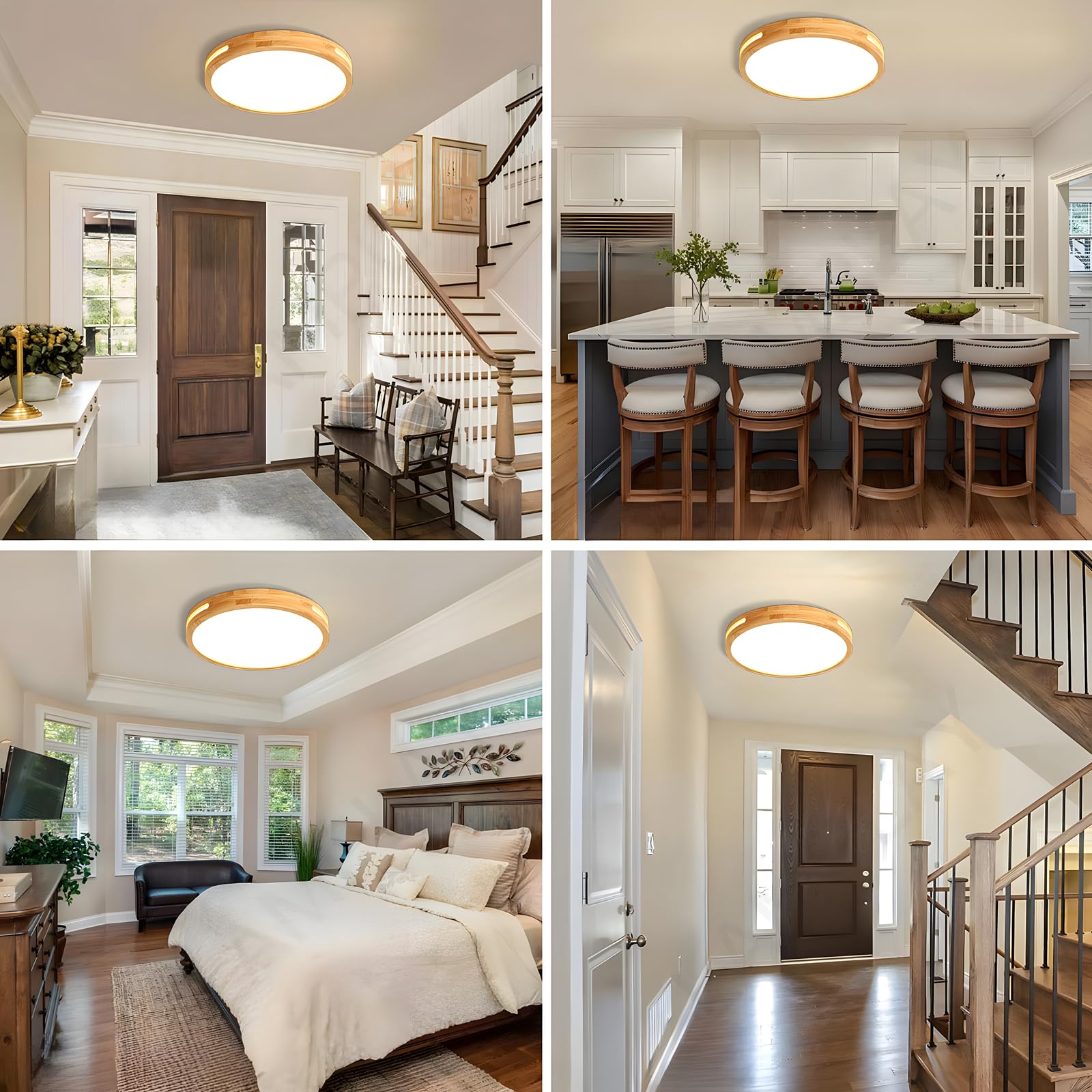 Plafonnier Rond En Bois, Ø30cm, LED À Lumière Neutre, Bois Naturel Original 4500K, 18W, Design Creux Latéral, Idéal Pour Une Chambre Un Salon Un Bureau Une Chambre D'Enfant Une Cuisine