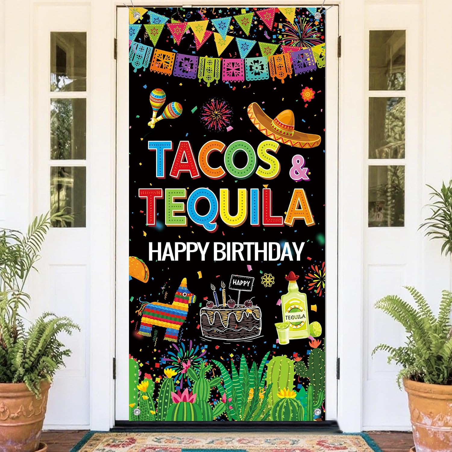 Tacos Tequila Birthday Decorations Banner - Mexican Fiesta Happy Birthday Party Decoration Porch Sign, Cinco De Mayo Theme Photo Background Party Supplies for Indoor Outdoor